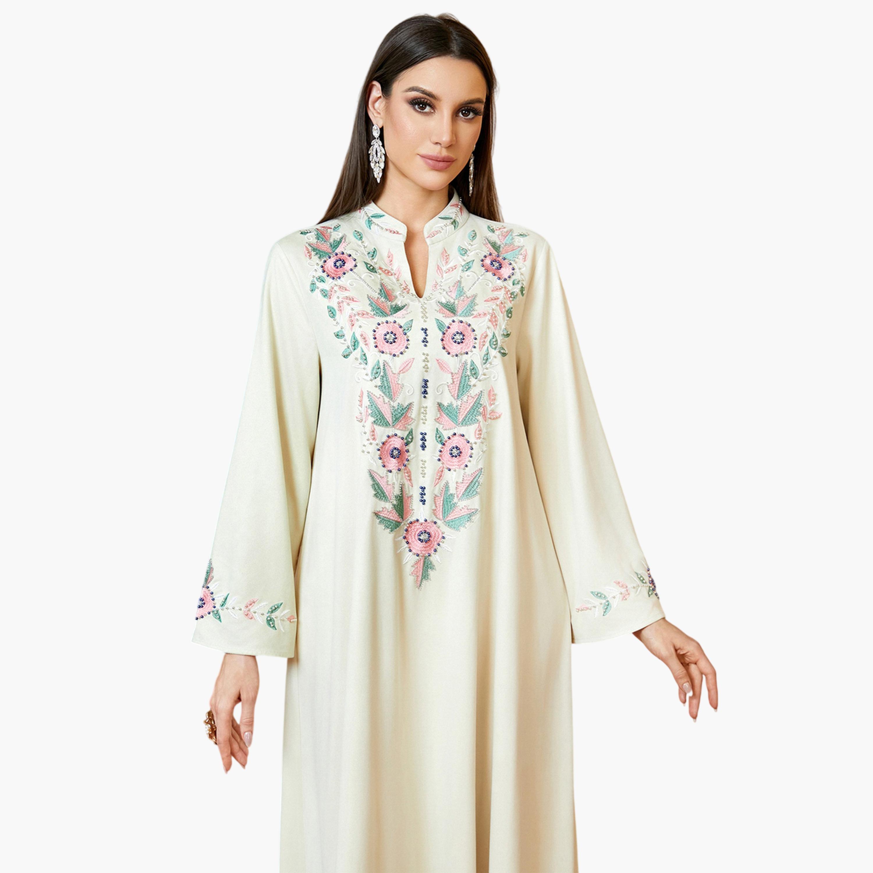 جلابية طويلة بتطريز زهور باللون البيج-women-arabicclothing-jalabiyas-image-2