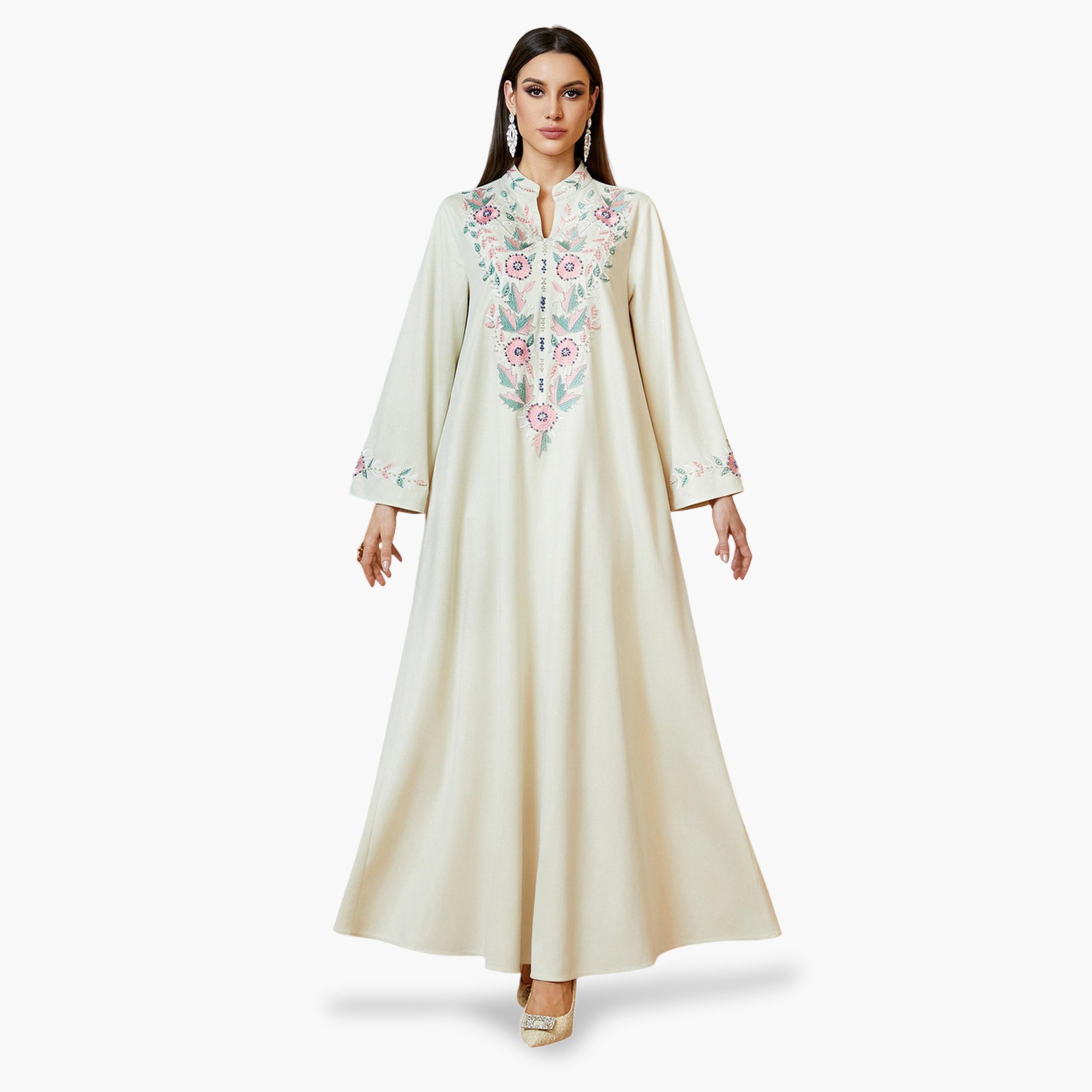 جلابية طويلة بتطريز زهور باللون البيج-women-arabicclothing-jalabiyas-image-3