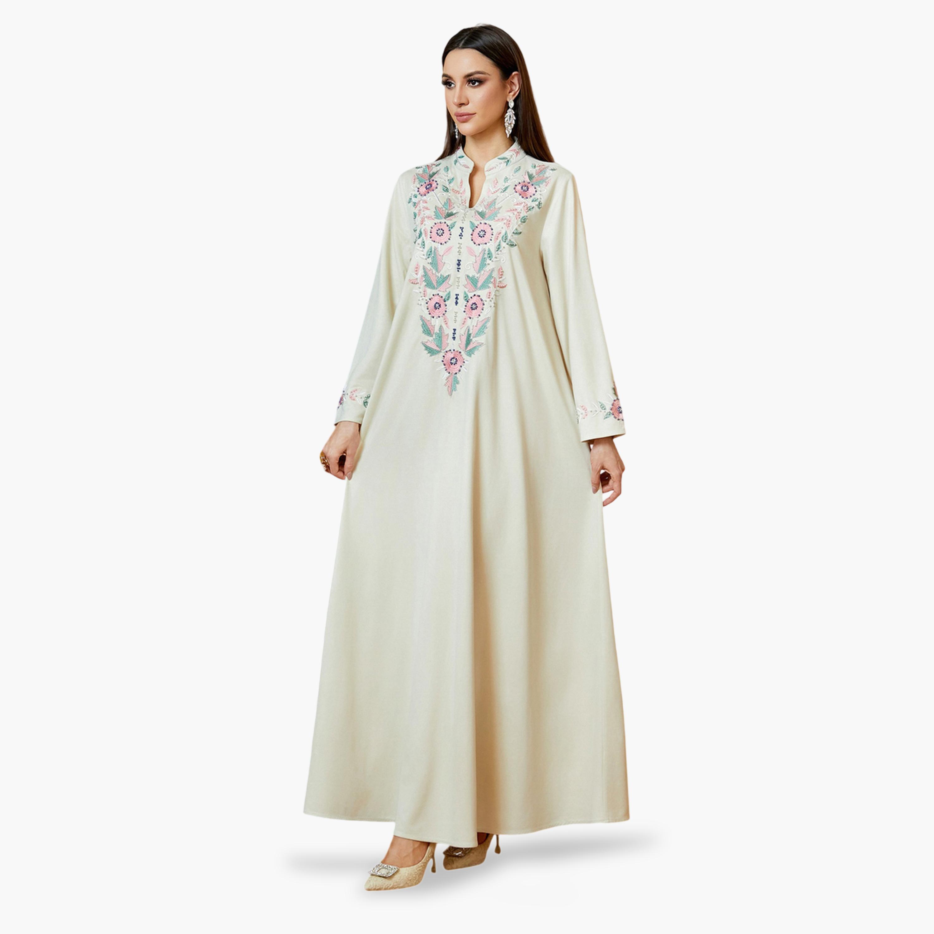 جلابية طويلة بتطريز زهور باللون البيج-women-arabicclothing-jalabiyas-image-4