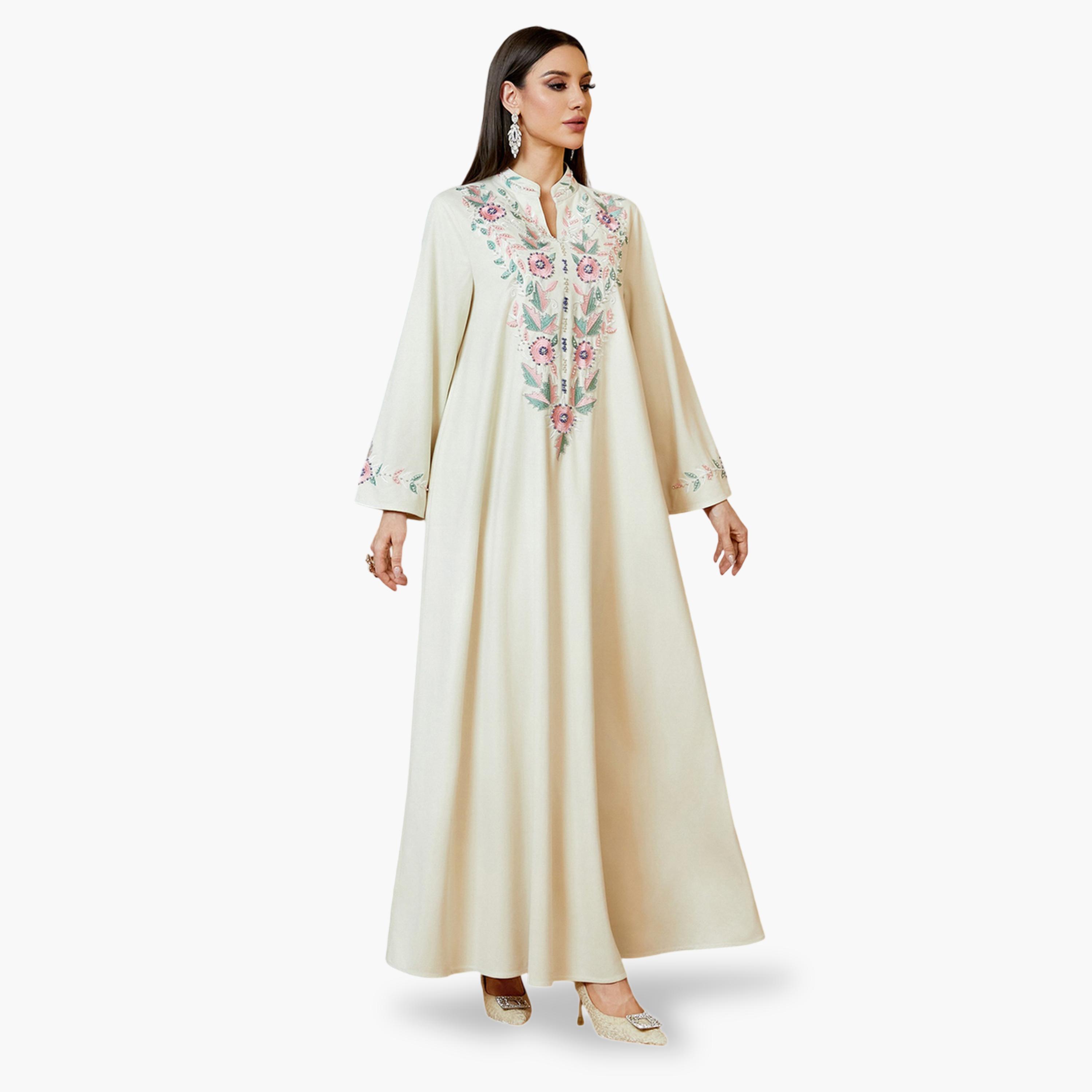 جلابية طويلة بتطريز زهور باللون البيج-women-arabicclothing-jalabiyas-image-5