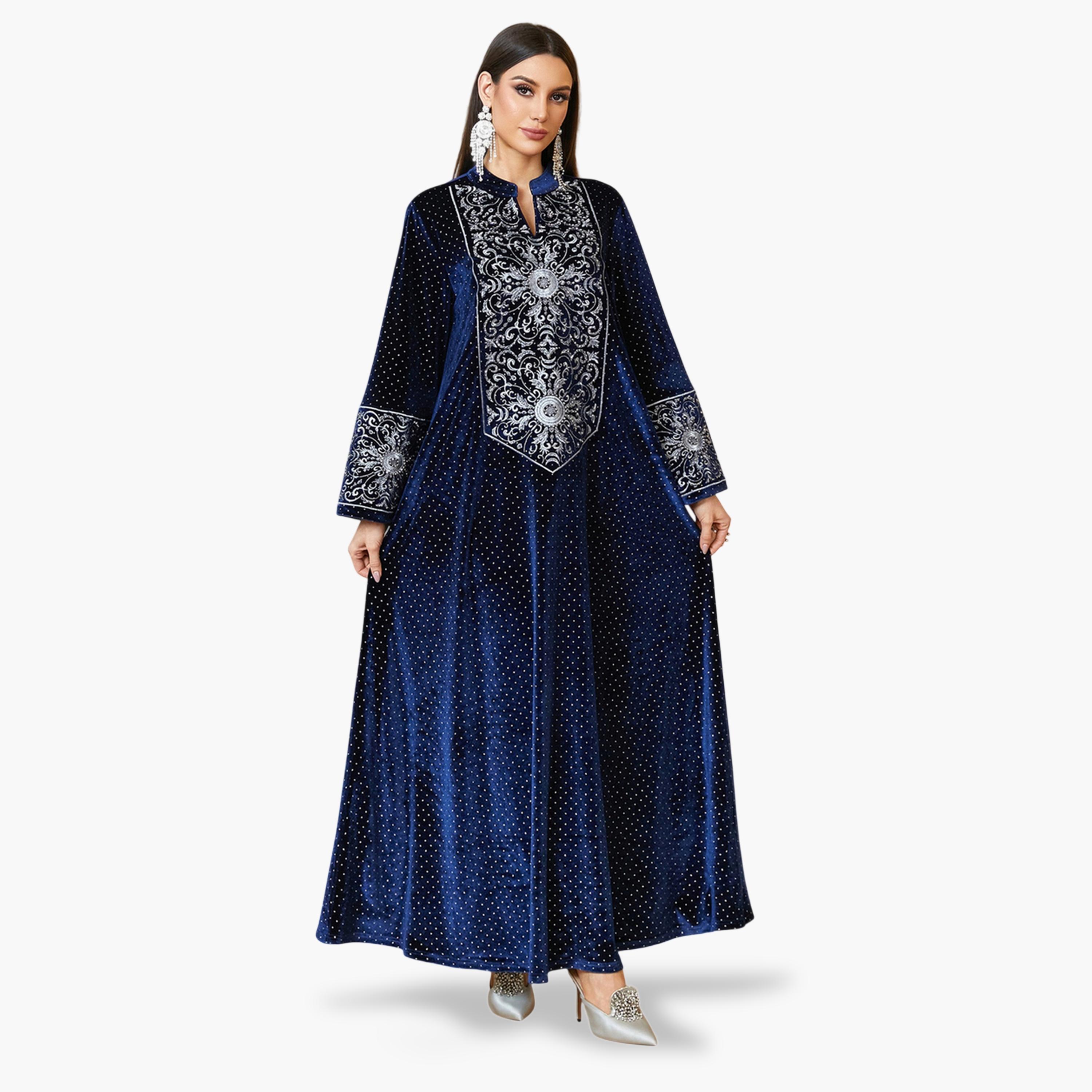 جلابية طويلة مخمل وياقة شق وتطريز فضي باللون الأزرق الداكن-women-arabicclothing-jalabiyas-image-1