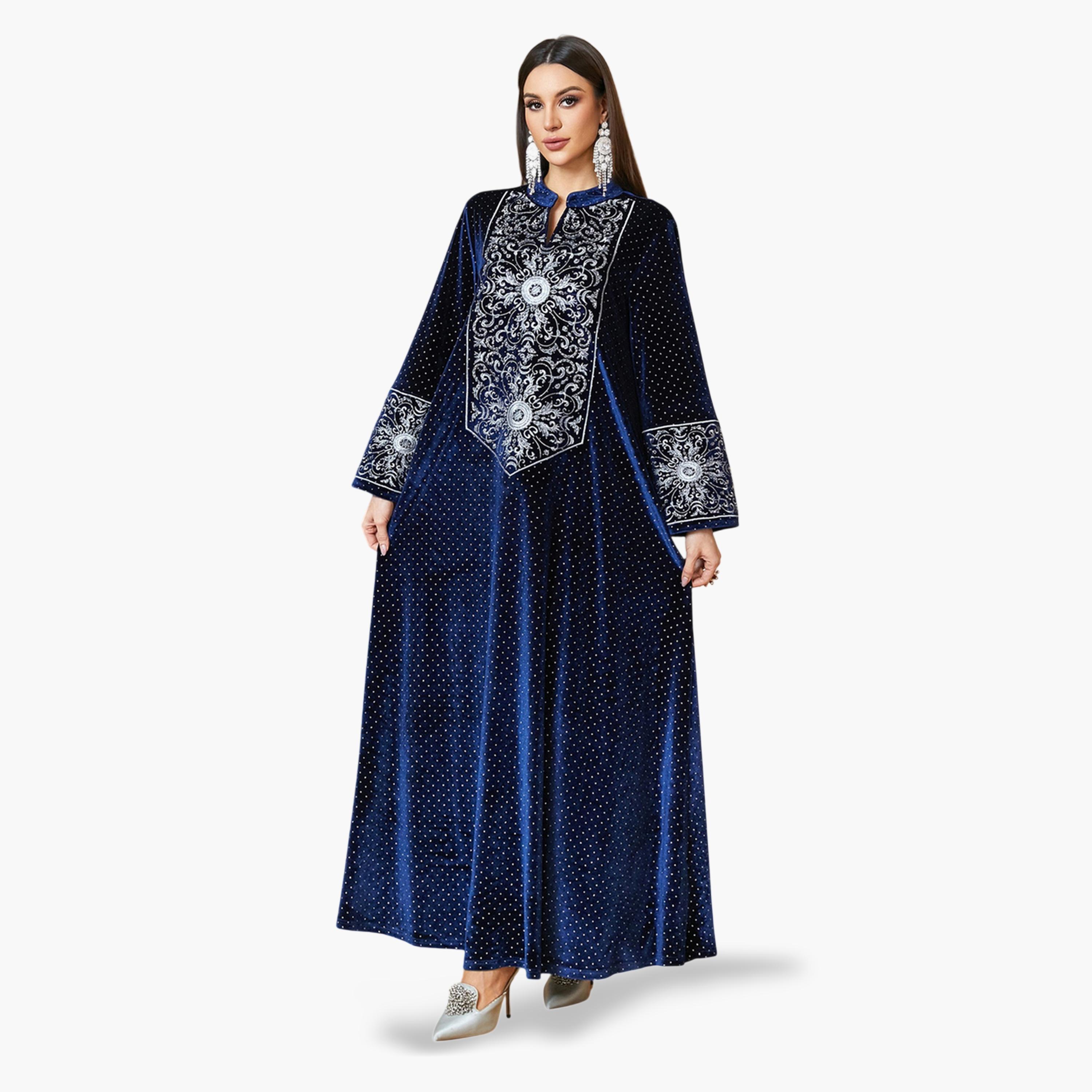 جلابية طويلة مخمل وياقة شق وتطريز فضي باللون الأزرق الداكن-women-arabicclothing-jalabiyas-image-2