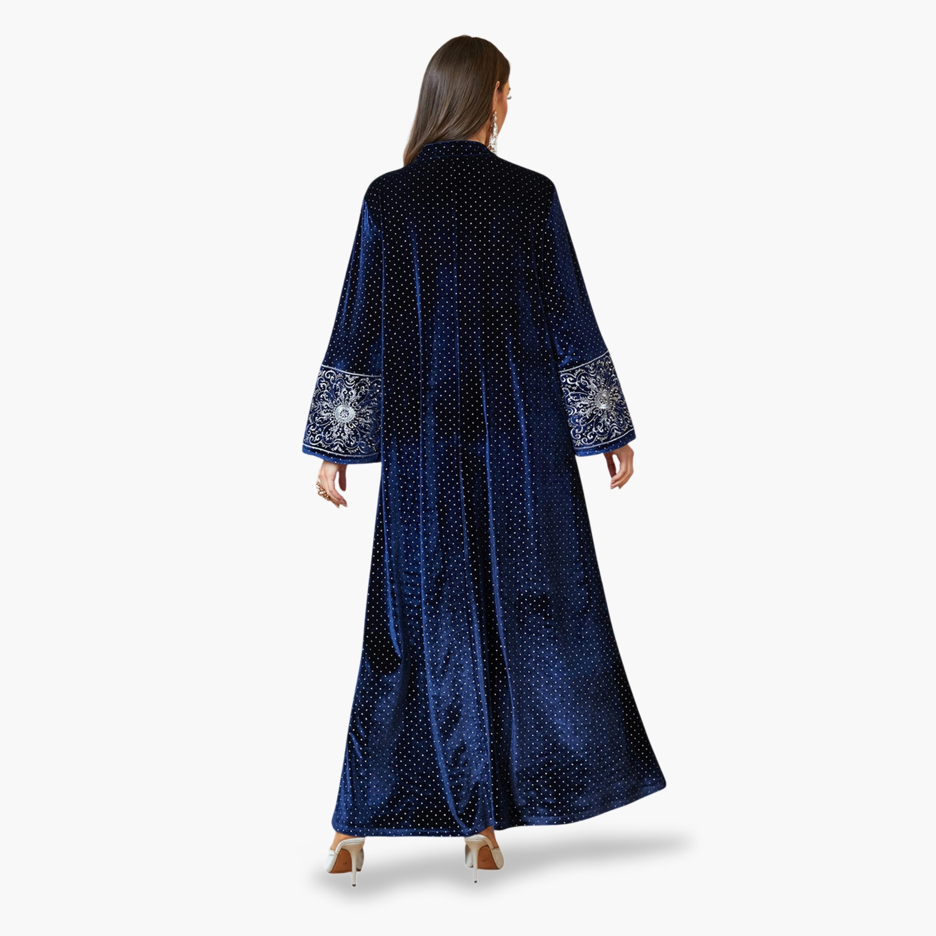 جلابية طويلة مخمل وياقة شق وتطريز فضي باللون الأزرق الداكن-women-arabicclothing-jalabiyas-image-4