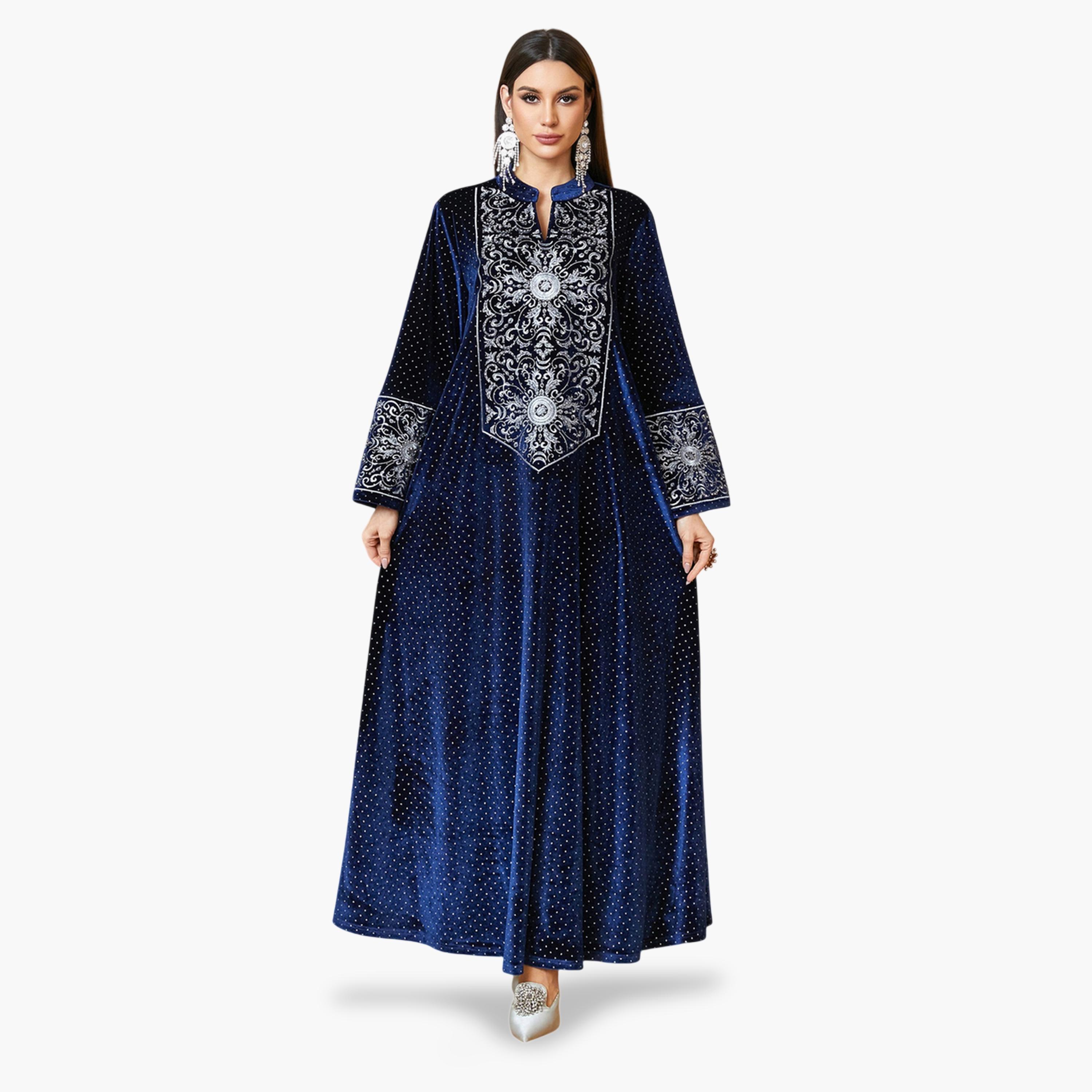 جلابية طويلة مخمل وياقة شق وتطريز فضي باللون الأزرق الداكن-women-arabicclothing-jalabiyas-image-5