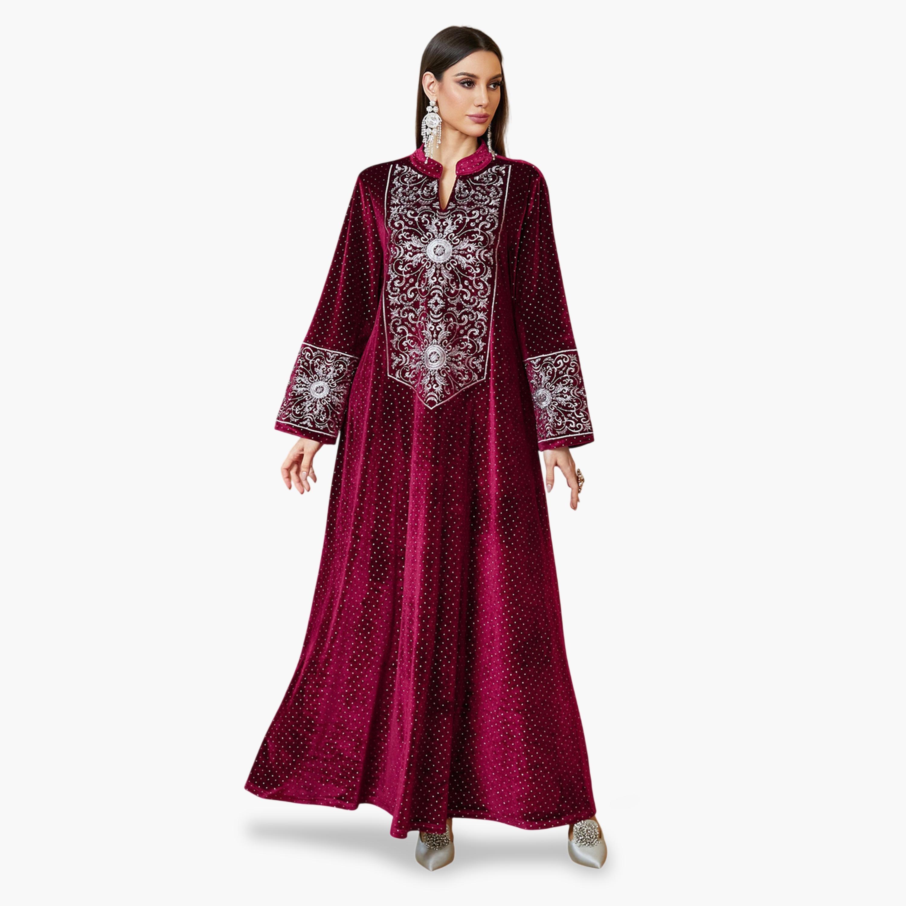 جلابية طويلة مخمل وياقة شق ومطرزة باللون الأحمر-women-arabicclothing-jalabiyas-image-2