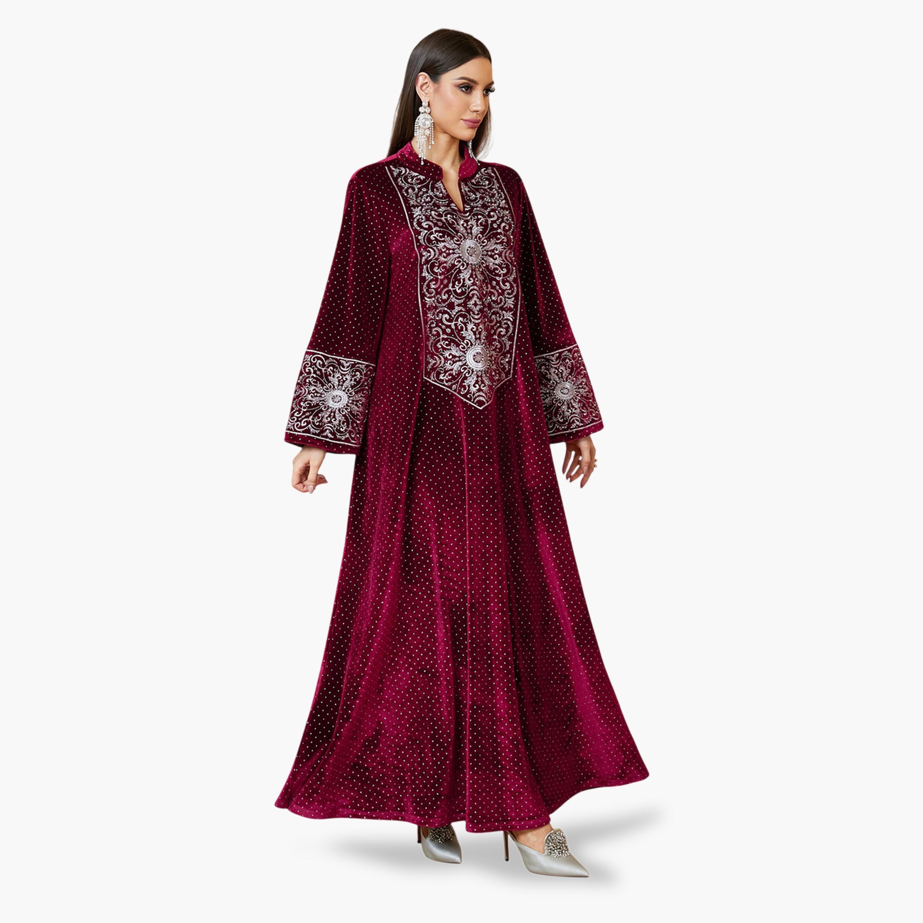 جلابية طويلة مخمل وياقة شق ومطرزة باللون الأحمر-women-arabicclothing-jalabiyas-image-3