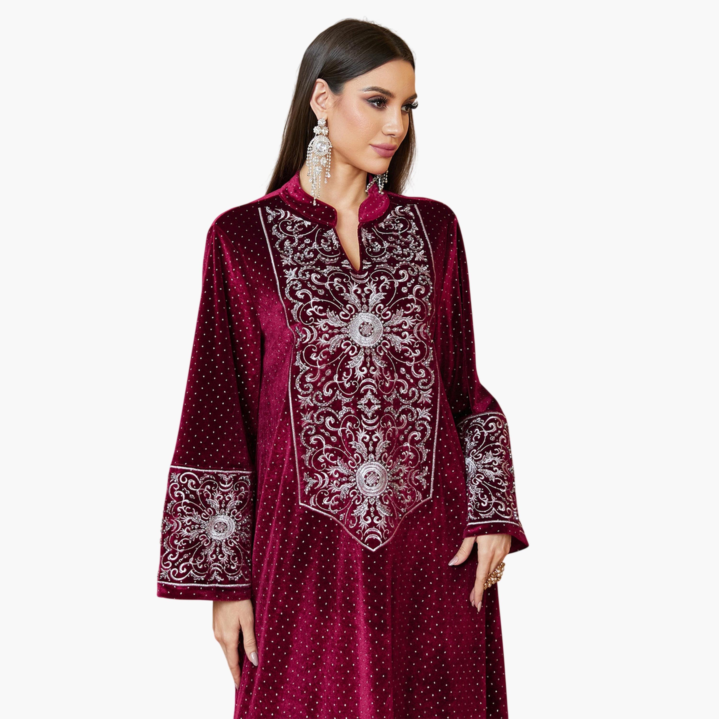 جلابية طويلة مخمل وياقة شق ومطرزة باللون الأحمر-women-arabicclothing-jalabiyas-image-4