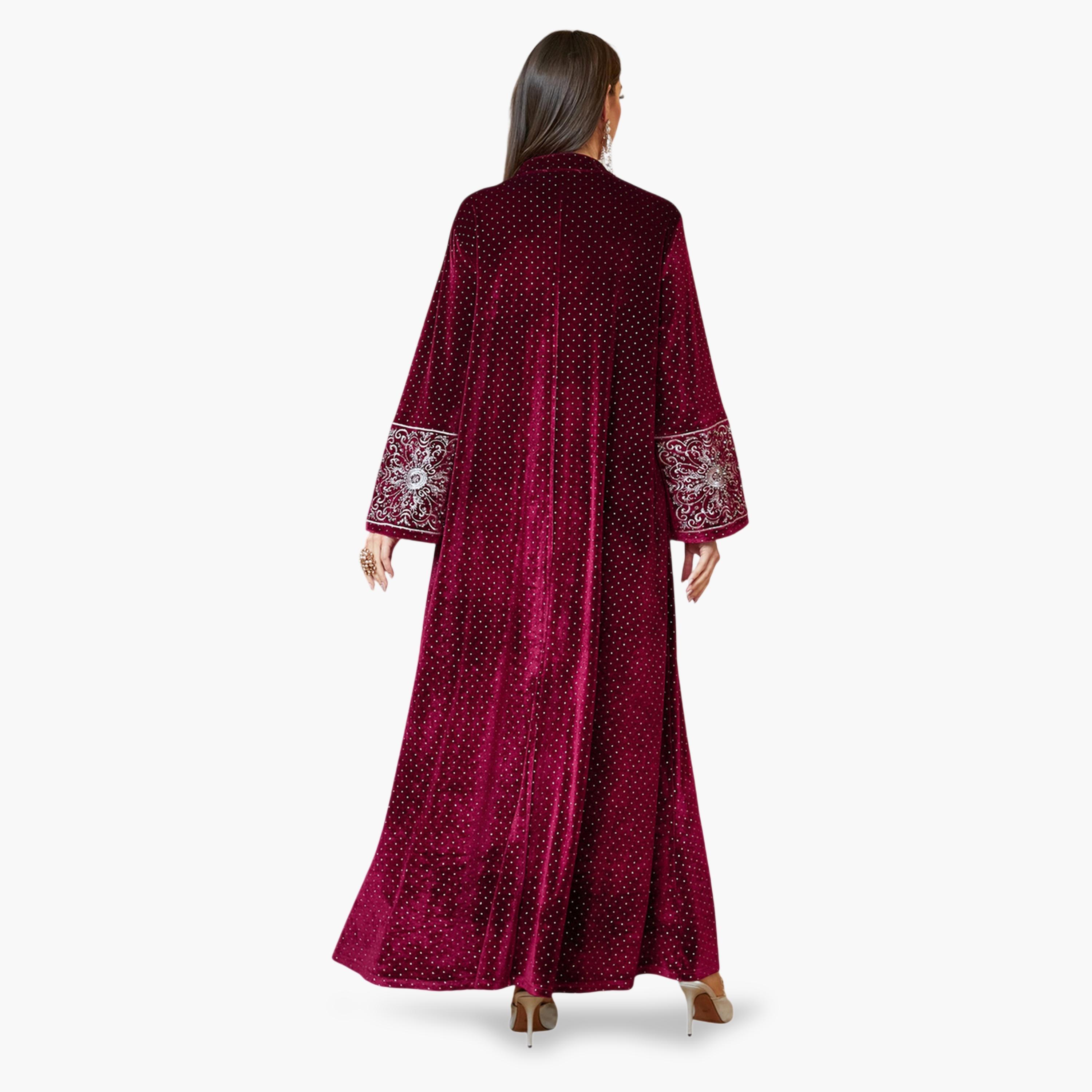 جلابية طويلة مخمل وياقة شق ومطرزة باللون الأحمر-women-arabicclothing-jalabiyas-image-5