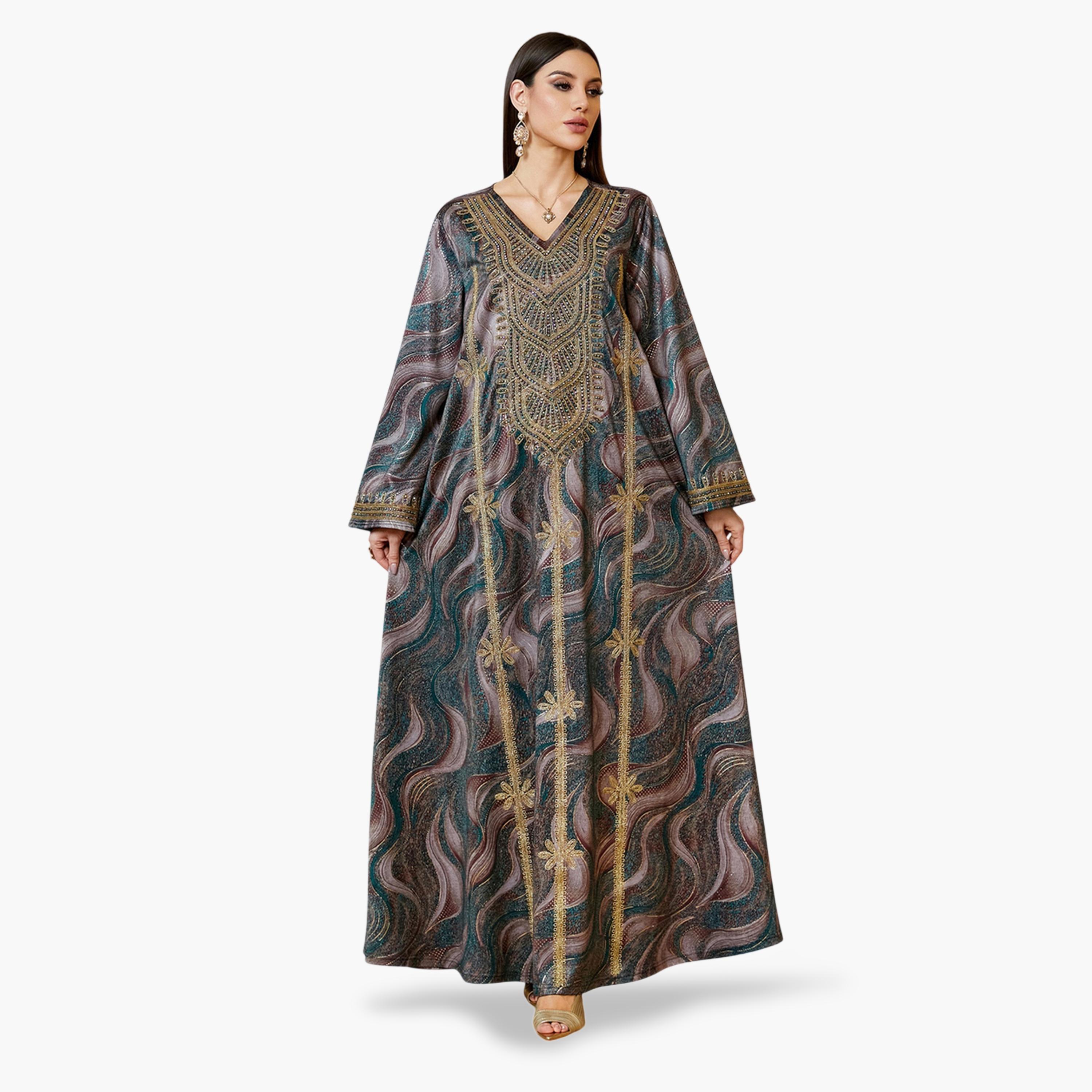جلابية طويلة بتطريز ذهبي متعددة الألوان-women-arabicclothing-jalabiyas-image-1