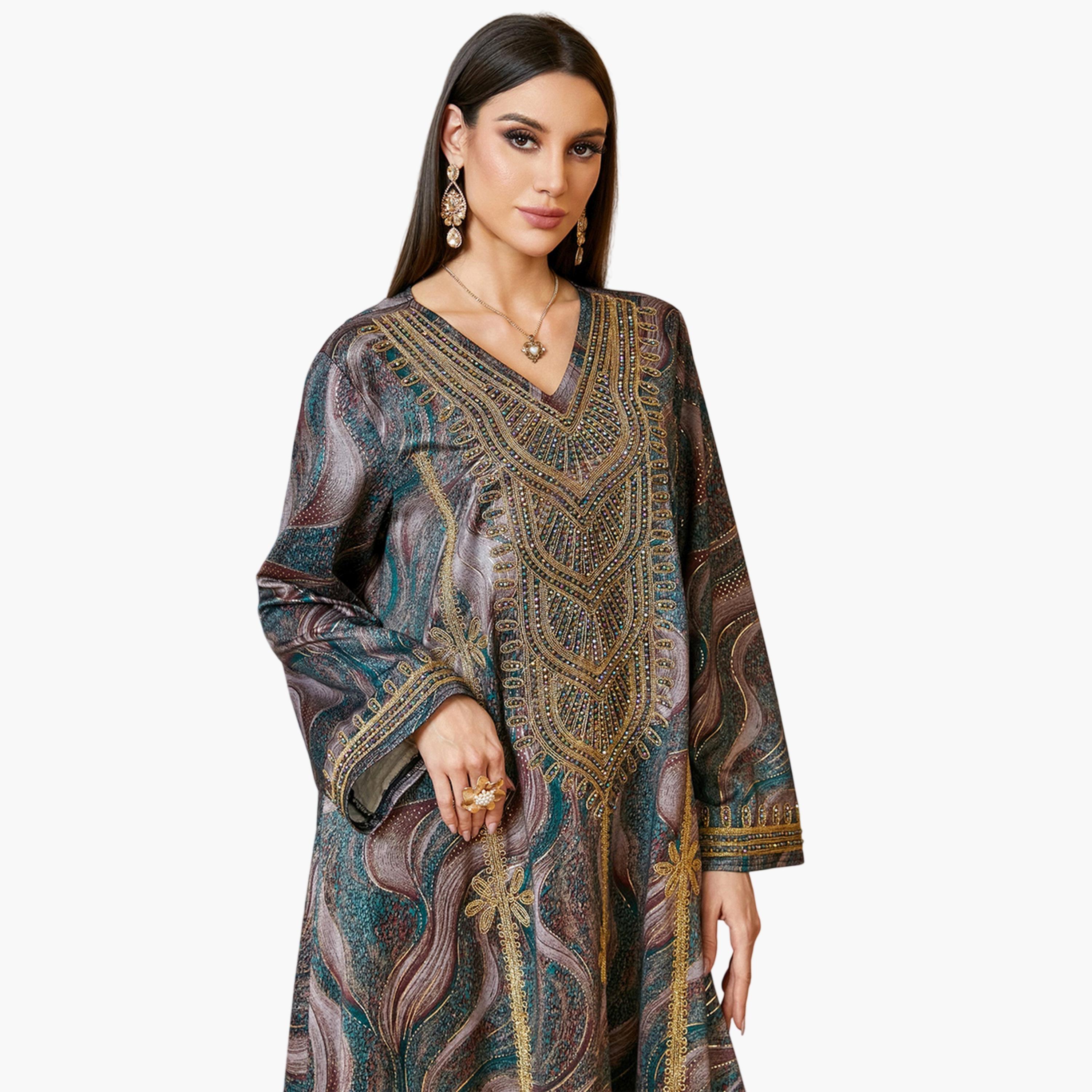 جلابية طويلة بتطريز ذهبي متعددة الألوان-women-arabicclothing-jalabiyas-image-2