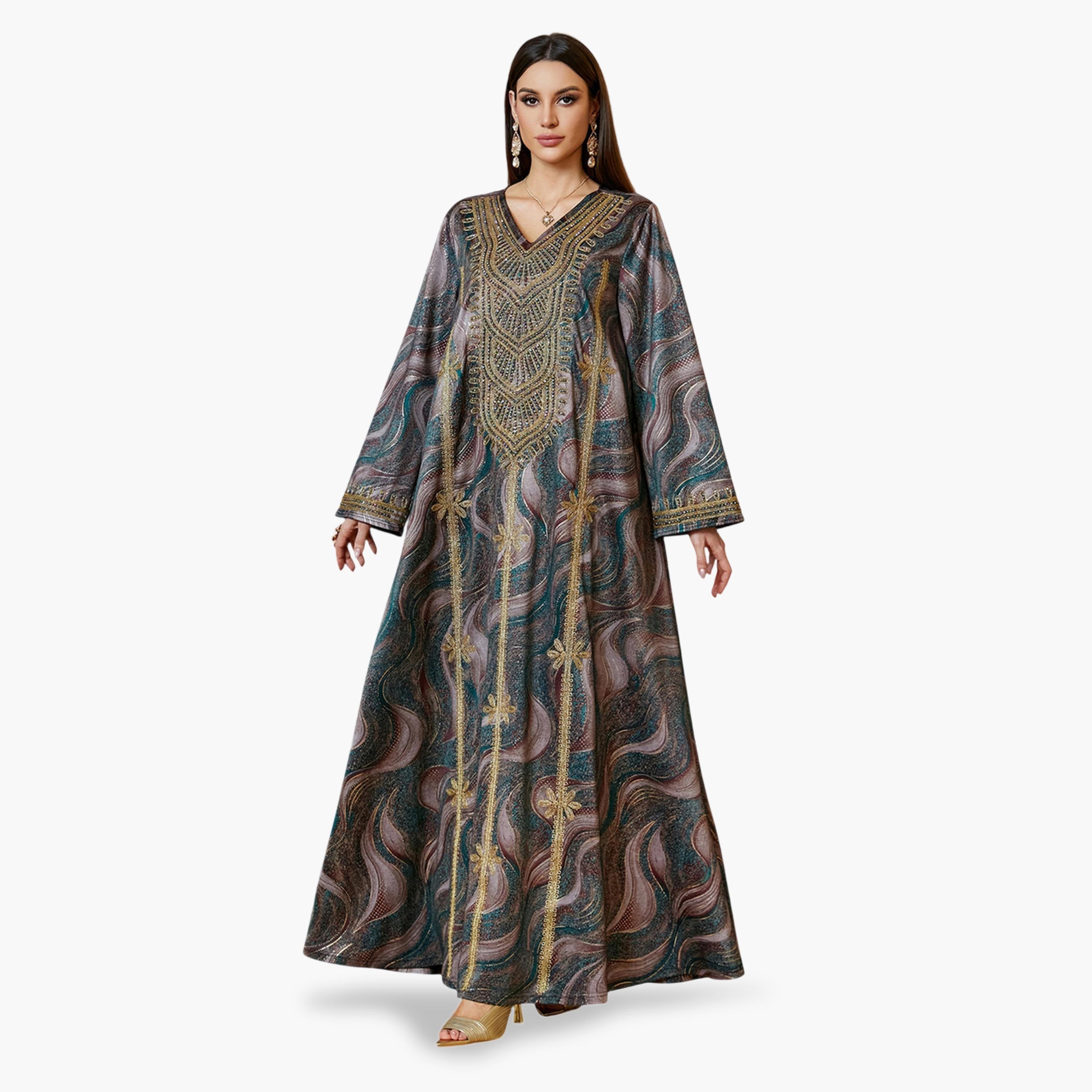 جلابية طويلة بتطريز ذهبي متعددة الألوان-women-arabicclothing-jalabiyas-image-3