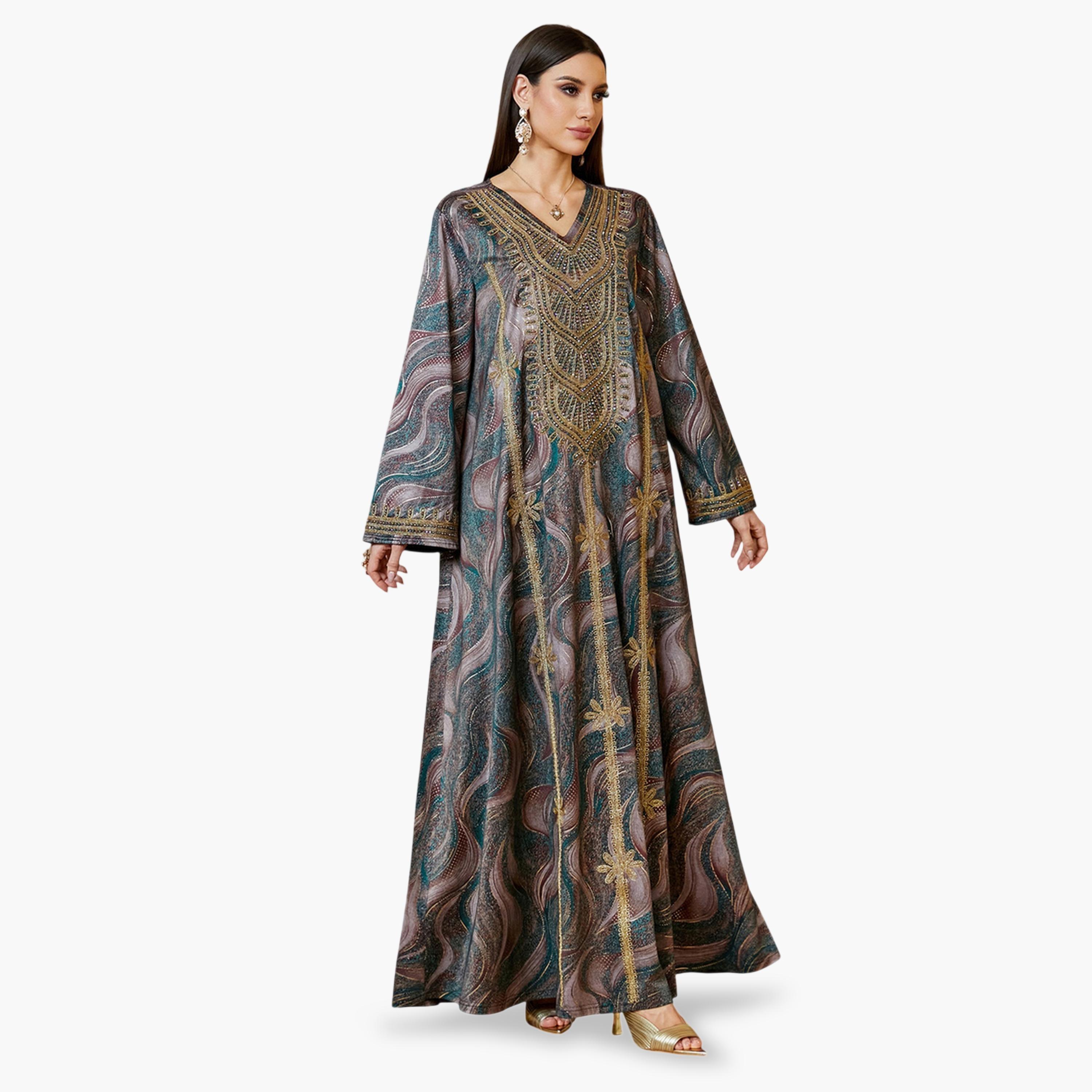 جلابية طويلة بتطريز ذهبي متعددة الألوان-women-arabicclothing-jalabiyas-image-4