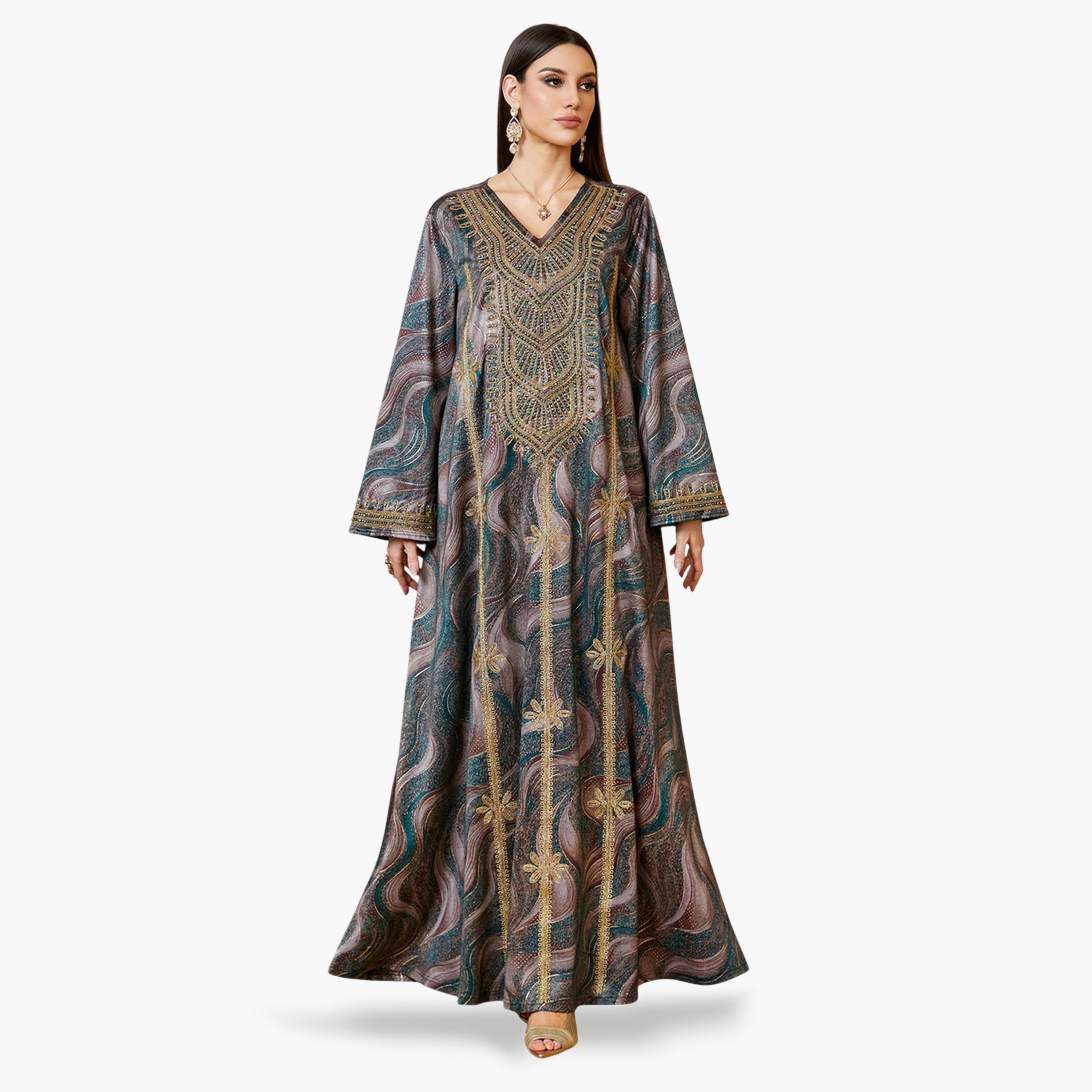 جلابية طويلة بتطريز ذهبي متعددة الألوان-women-arabicclothing-jalabiyas-image-5