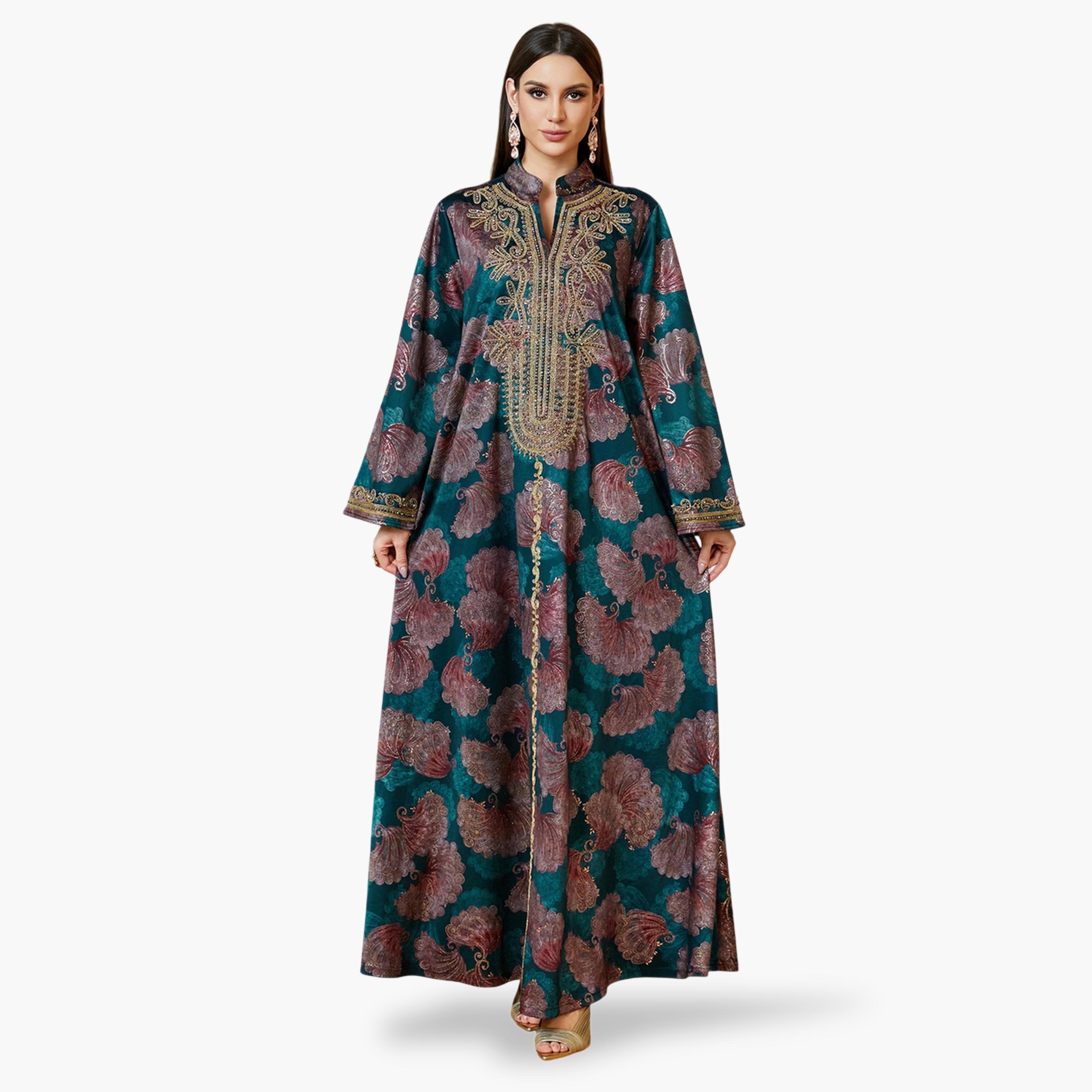 فستان جلابية طويل وياقة شق ومطرز باللون الأخضر-women-arabicclothing-jalabiyas-image-1