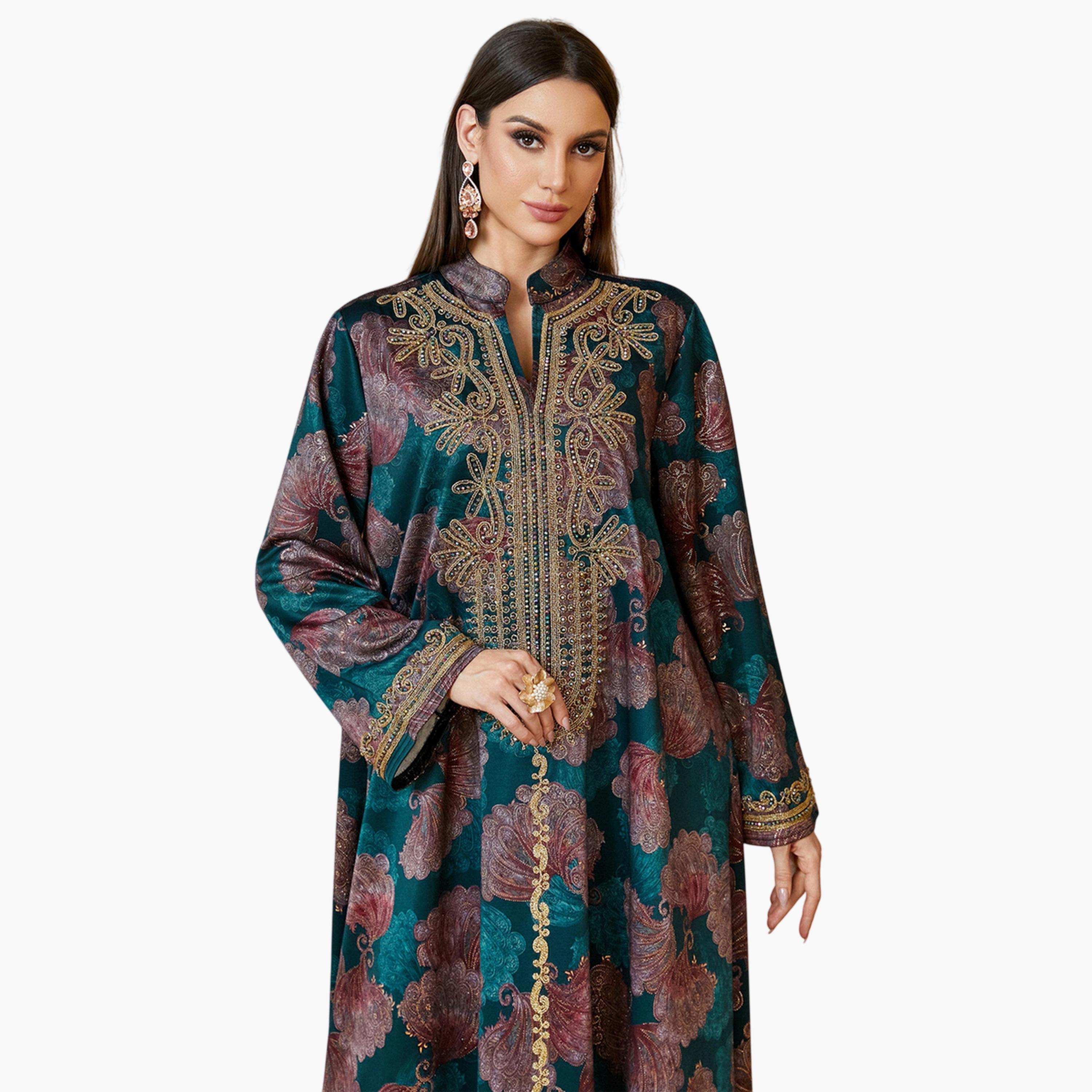 فستان جلابية طويل وياقة شق ومطرز باللون الأخضر-women-arabicclothing-jalabiyas-image-2