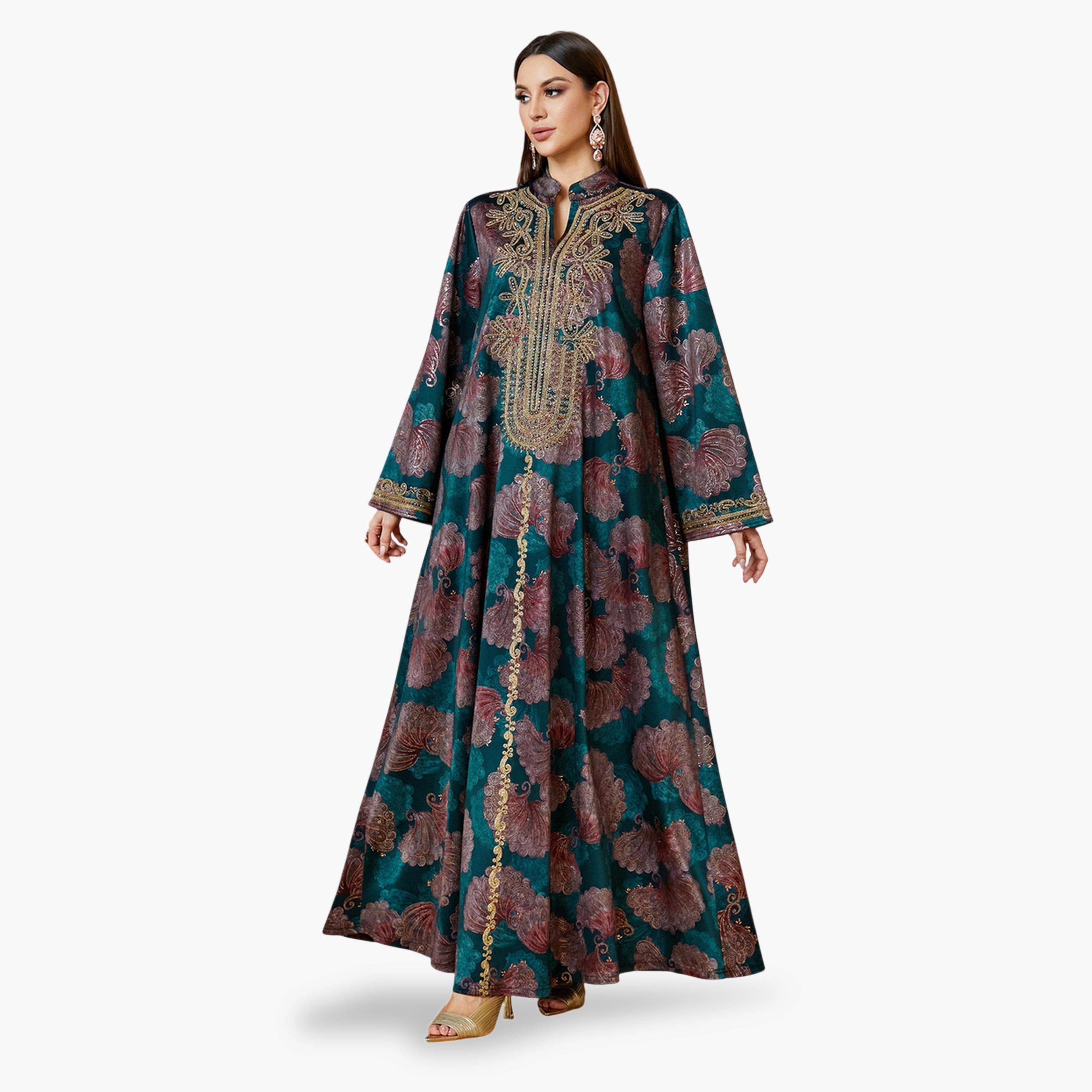 فستان جلابية طويل وياقة شق ومطرز باللون الأخضر-women-arabicclothing-jalabiyas-image-3