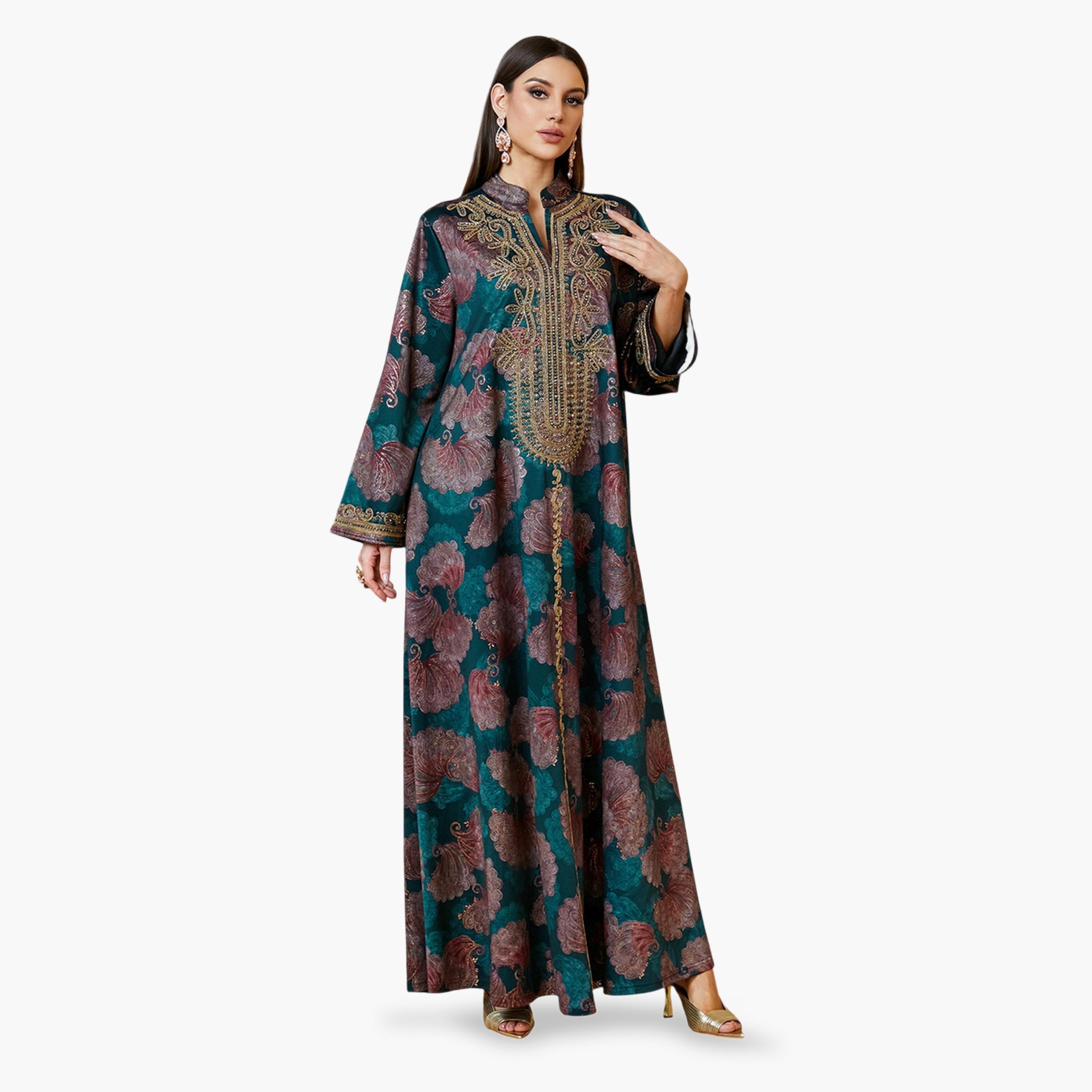 فستان جلابية طويل وياقة شق ومطرز باللون الأخضر-women-arabicclothing-jalabiyas-image-4