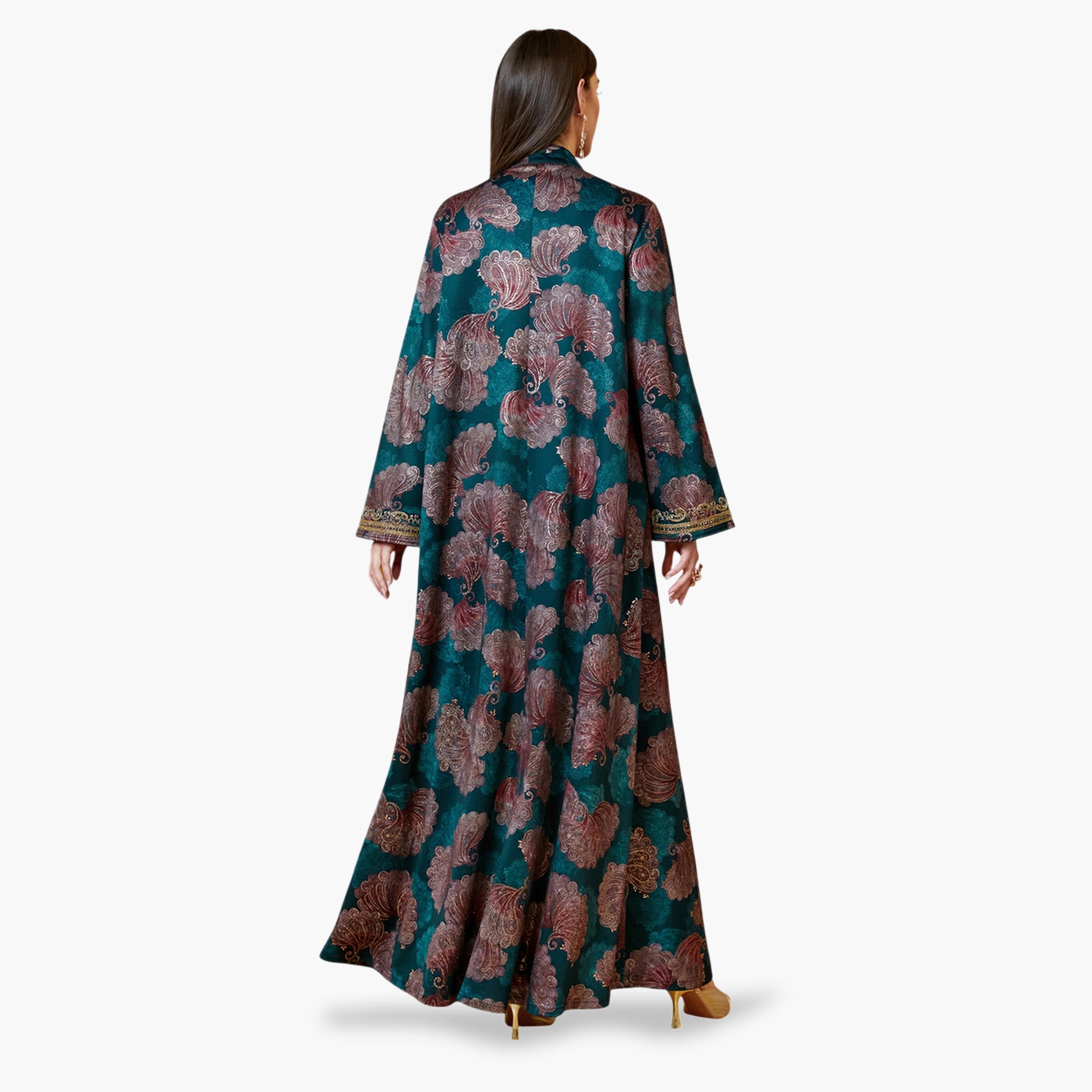 فستان جلابية طويل وياقة شق ومطرز باللون الأخضر-women-arabicclothing-jalabiyas-image-5
