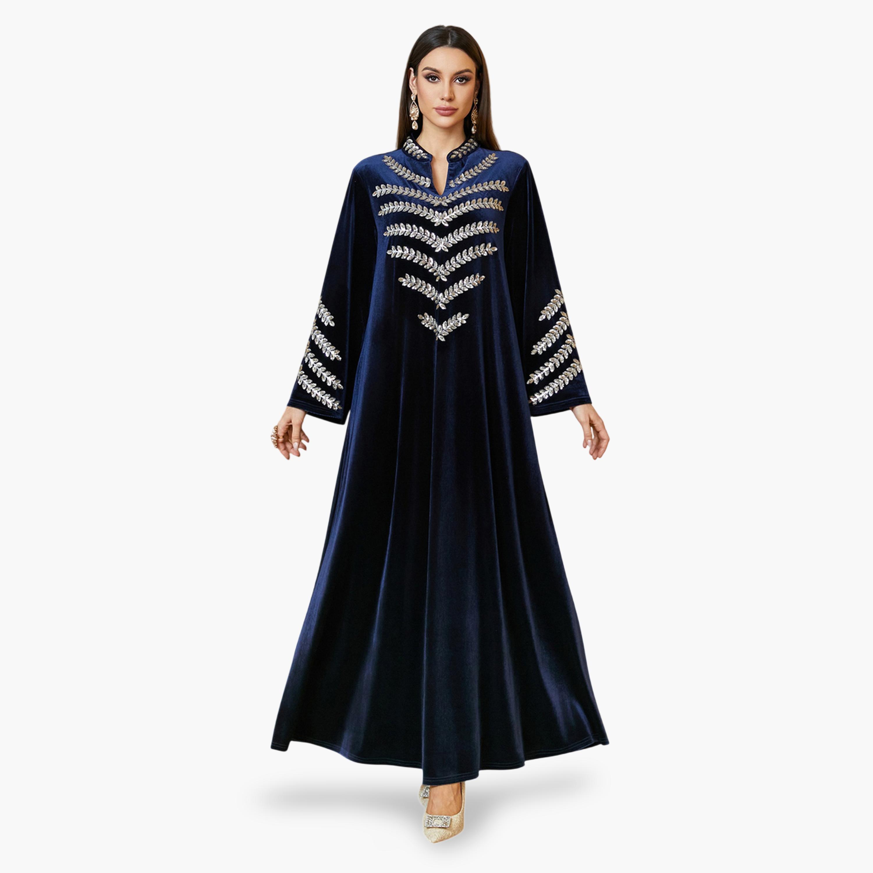 جلابية طويلة مخمل ومطرزة باللون الأزرق الداكن-women-arabicclothing-jalabiyas-image-1
