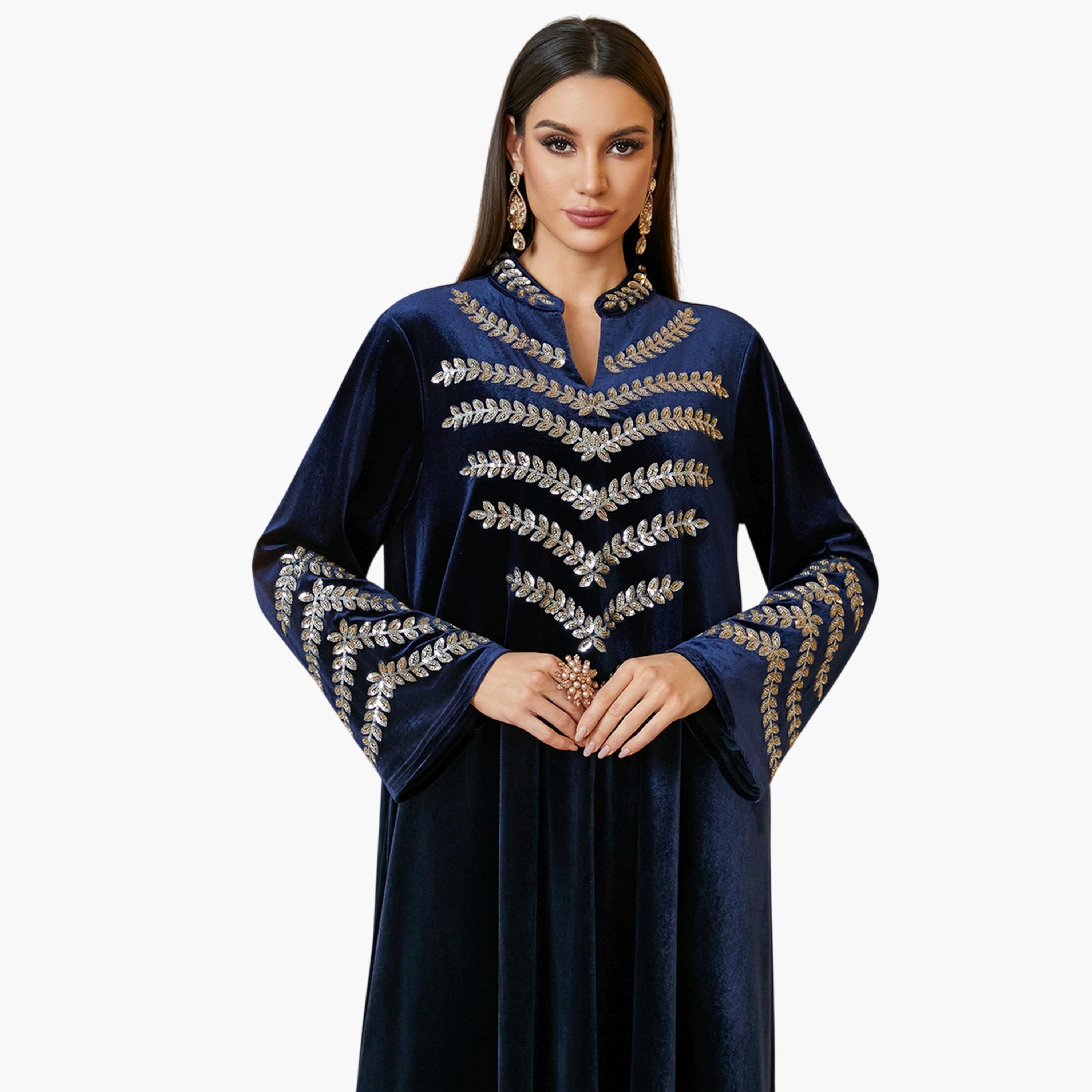جلابية طويلة مخمل ومطرزة باللون الأزرق الداكن-women-arabicclothing-jalabiyas-image-2