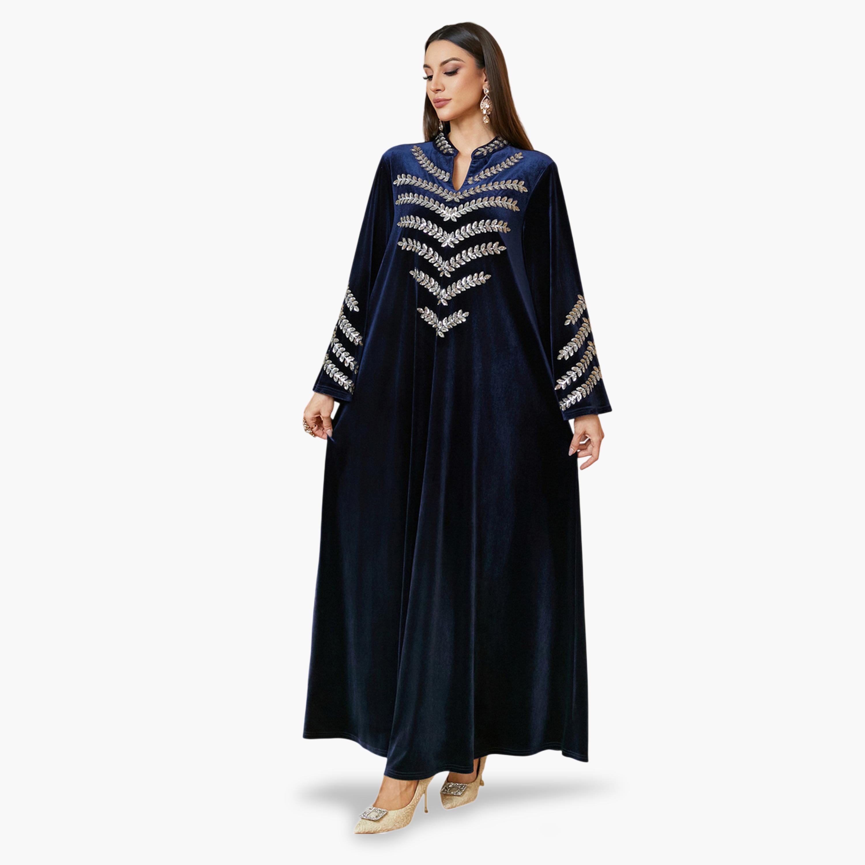 جلابية طويلة مخمل ومطرزة باللون الأزرق الداكن-women-arabicclothing-jalabiyas-image-3