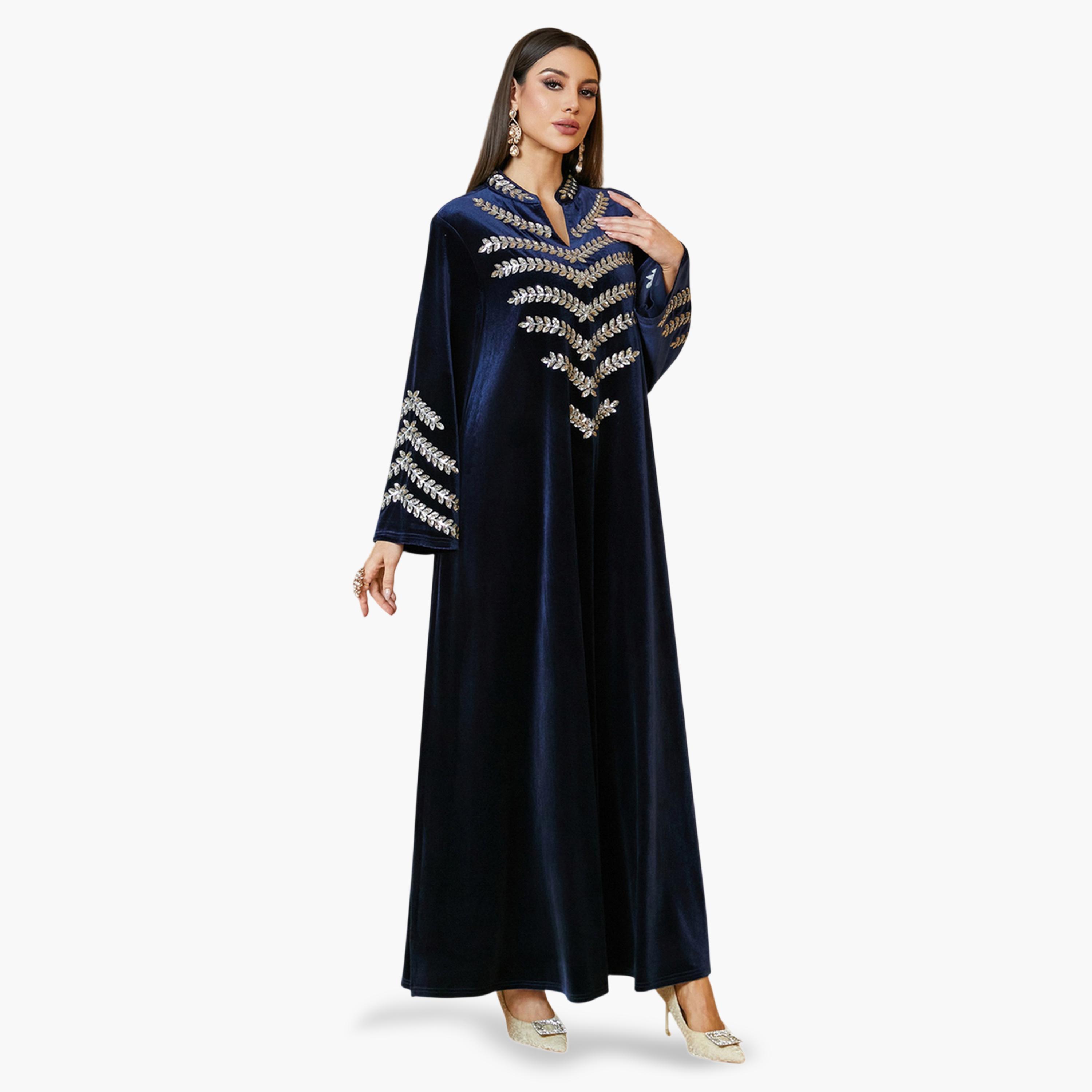 جلابية طويلة مخمل ومطرزة باللون الأزرق الداكن-women-arabicclothing-jalabiyas-image-4