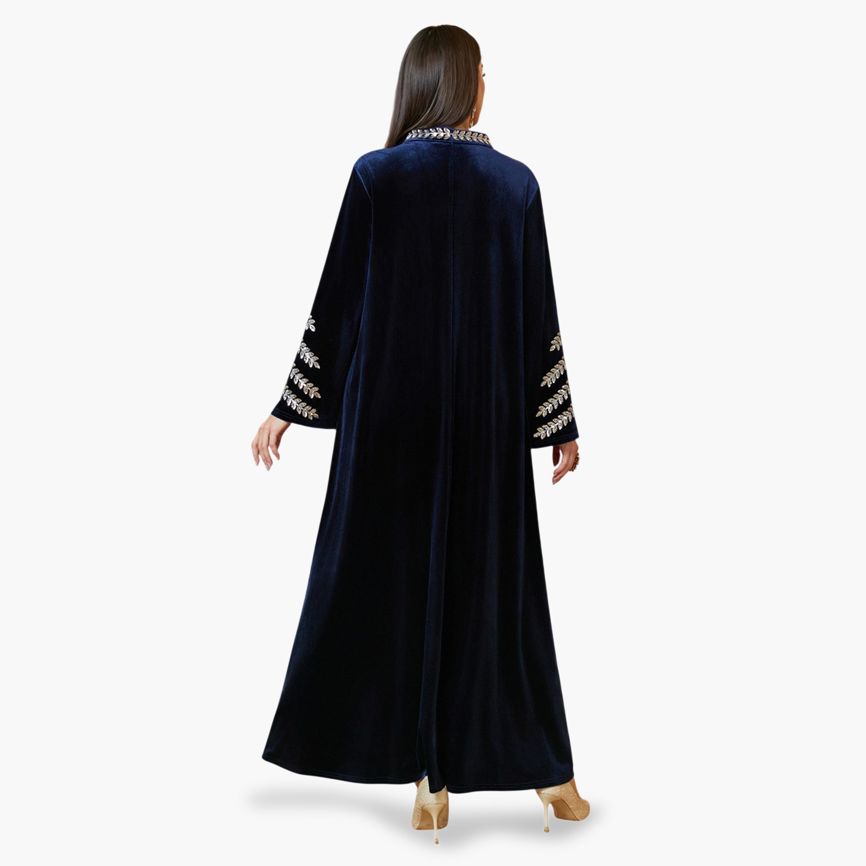 جلابية طويلة مخمل ومطرزة باللون الأزرق الداكن-women-arabicclothing-jalabiyas-image-5