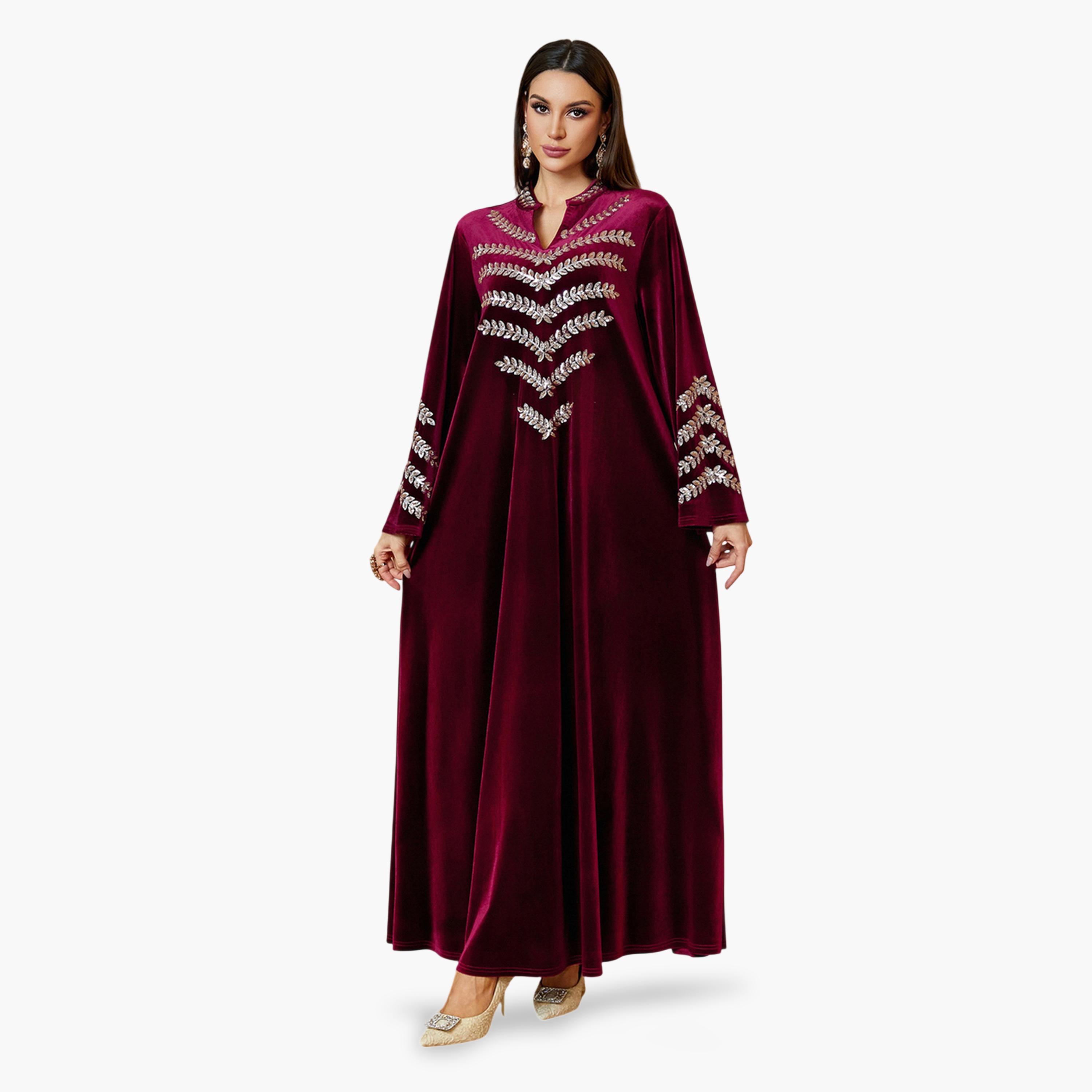 جلابية طويلة مخمل بتطريز فضي باللون الأحمر-women-arabicclothing-jalabiyas-image-1