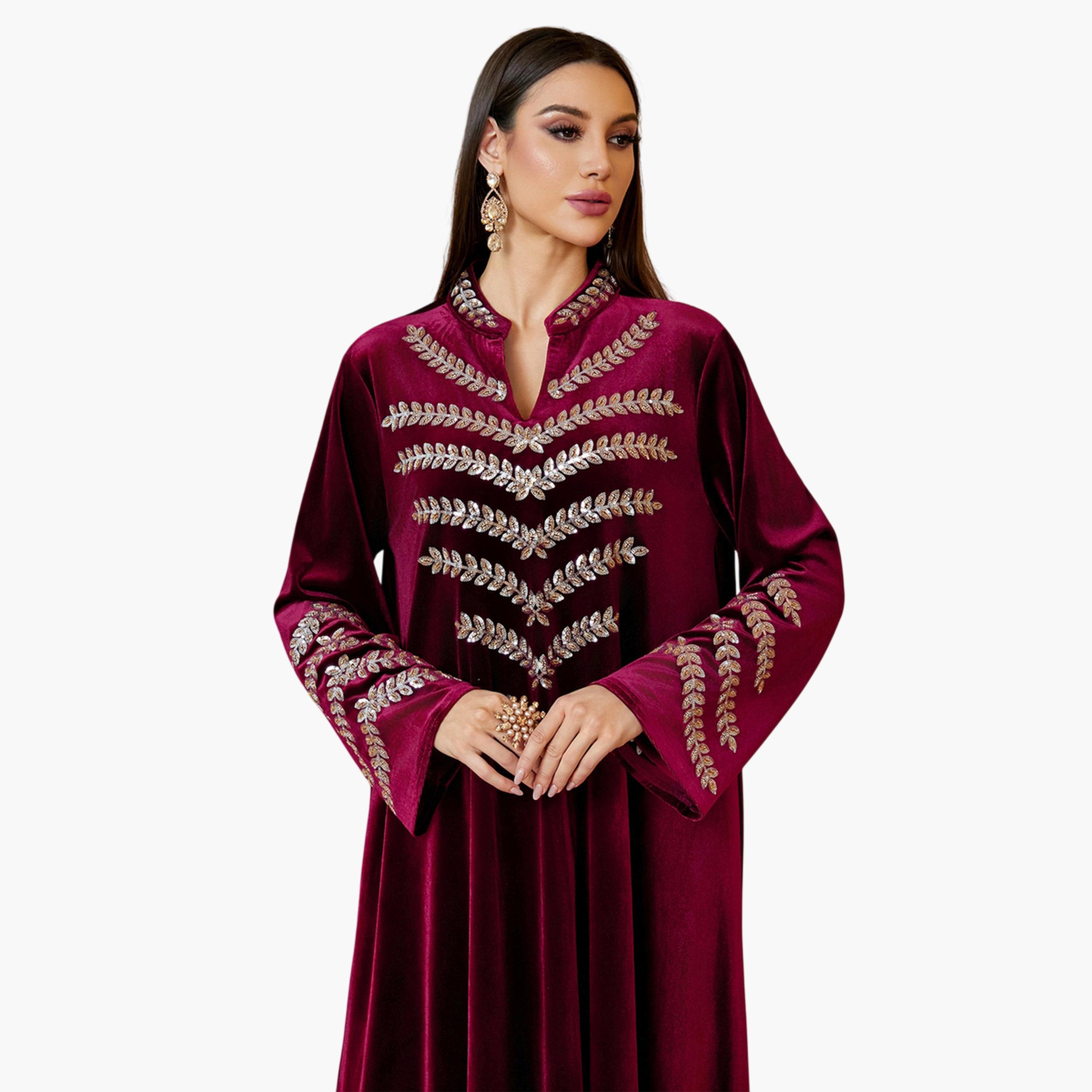 جلابية طويلة مخمل بتطريز فضي باللون الأحمر-women-arabicclothing-jalabiyas-image-2