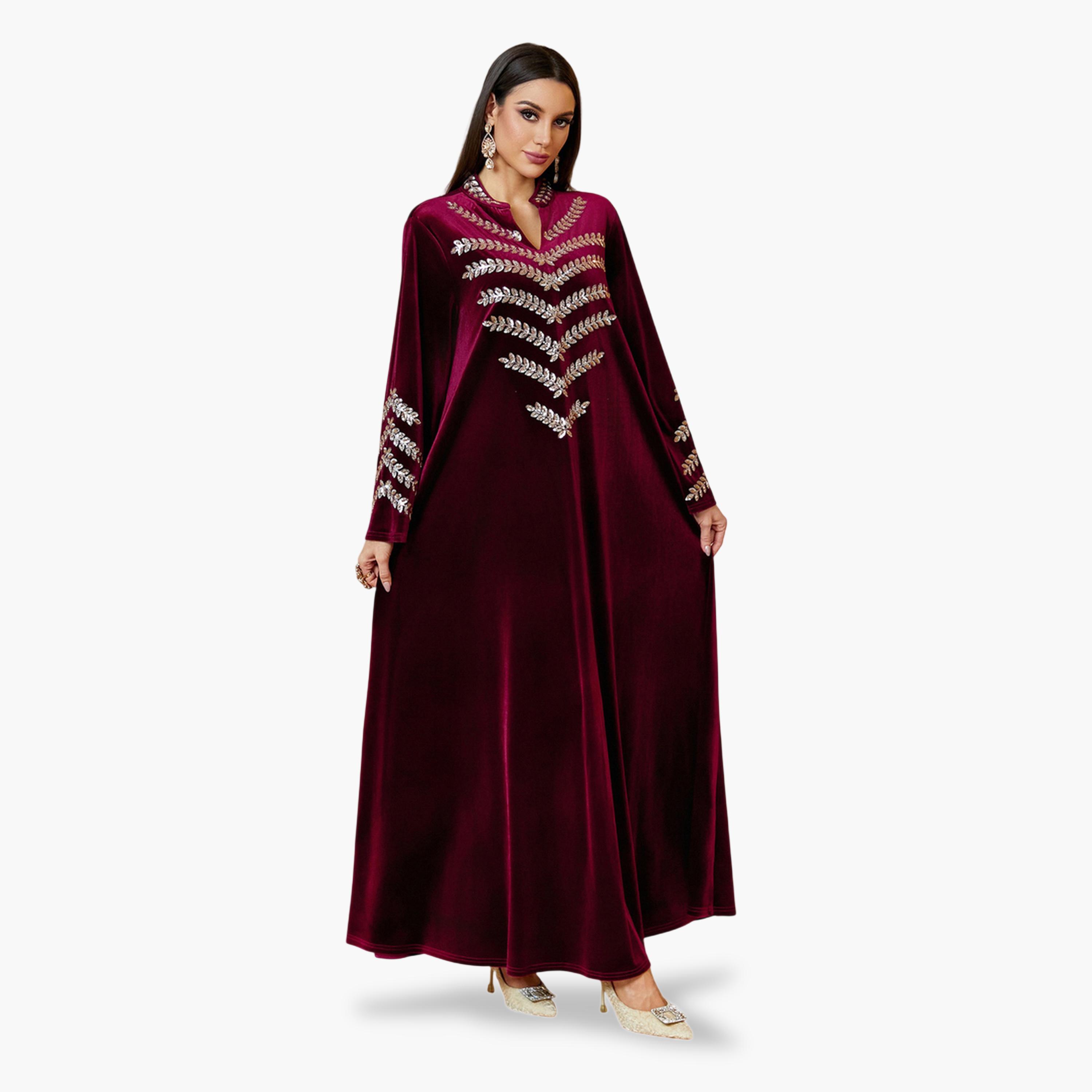 جلابية طويلة مخمل بتطريز فضي باللون الأحمر-women-arabicclothing-jalabiyas-image-3