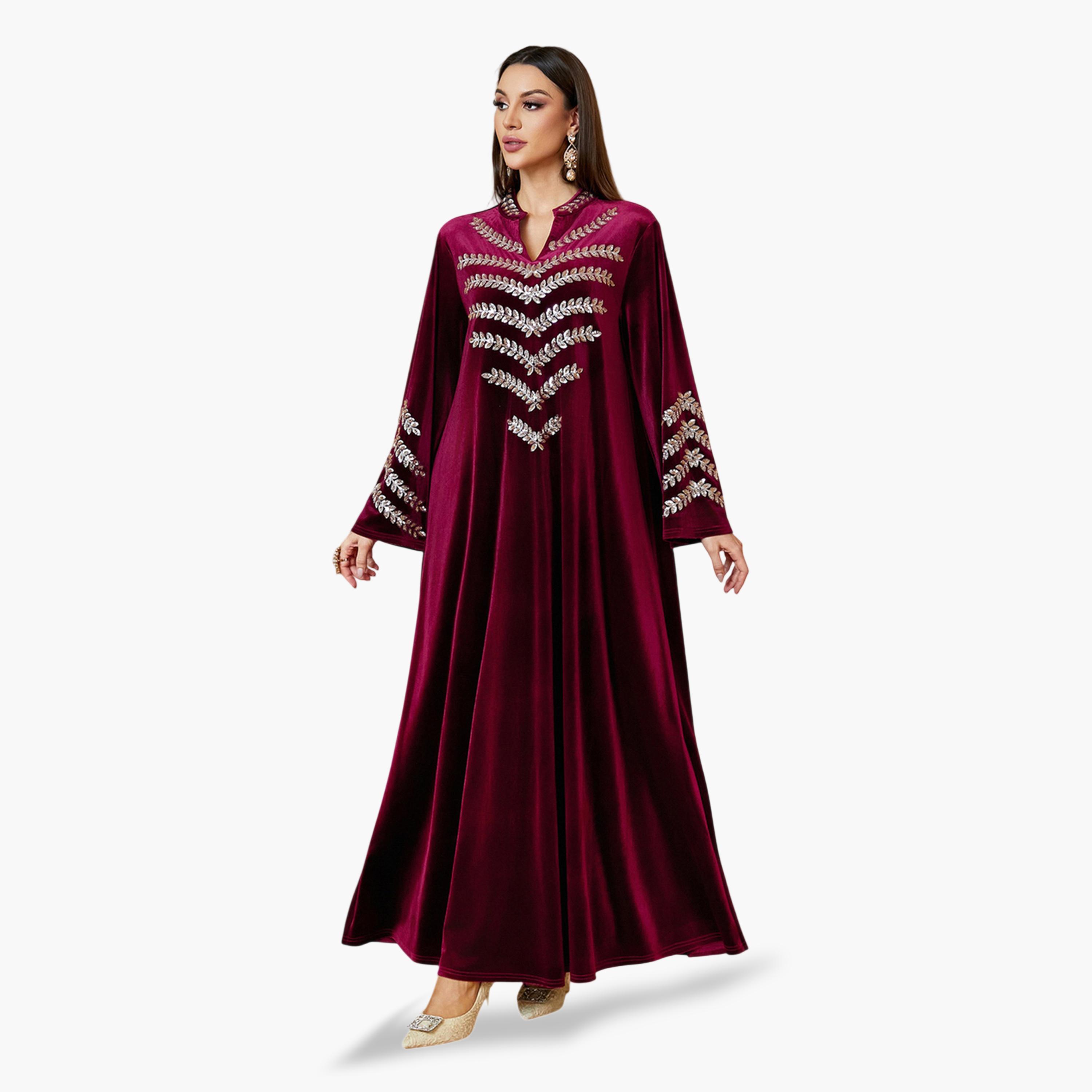 جلابية طويلة مخمل بتطريز فضي باللون الأحمر-women-arabicclothing-jalabiyas-image-4