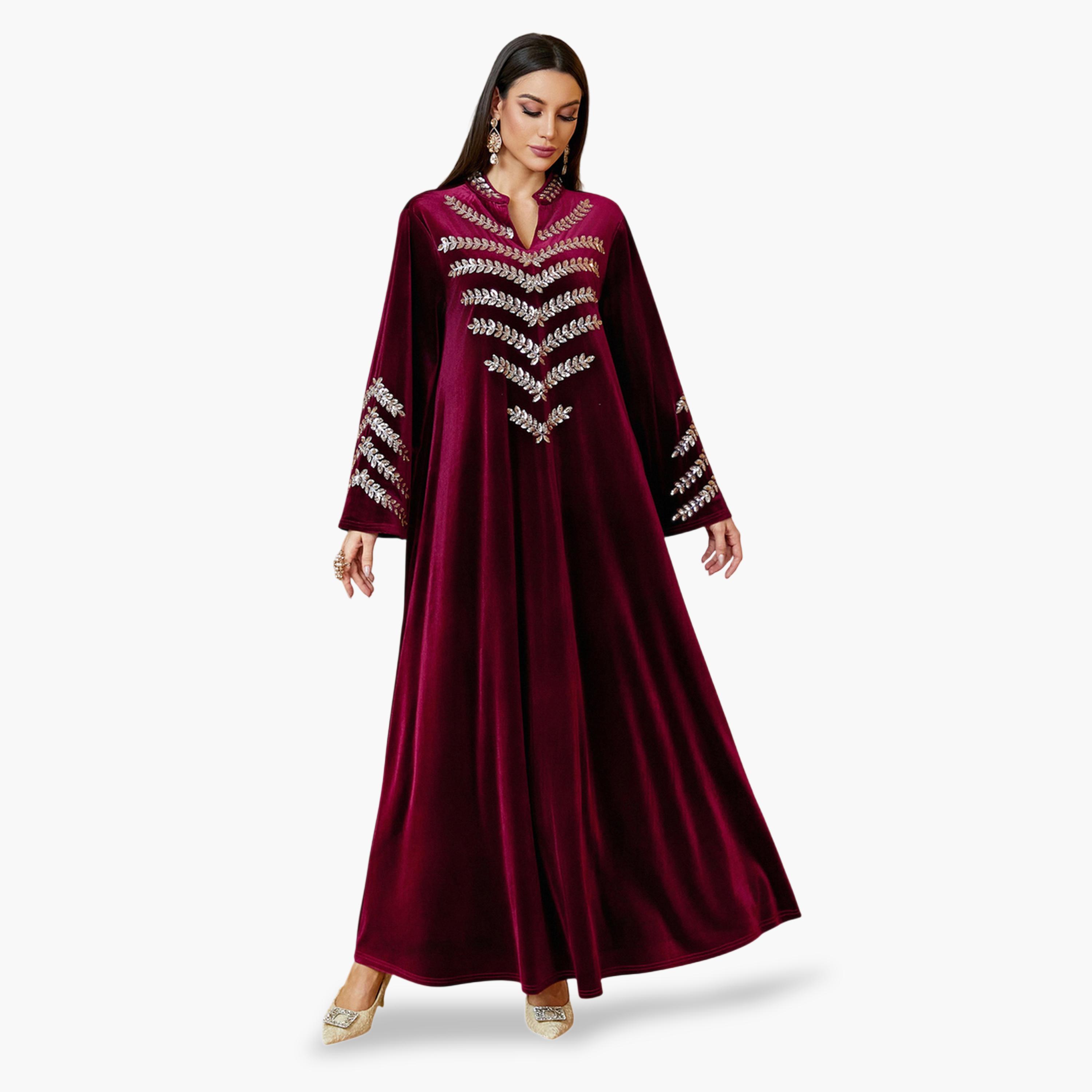 جلابية طويلة مخمل بتطريز فضي باللون الأحمر-women-arabicclothing-jalabiyas-image-5