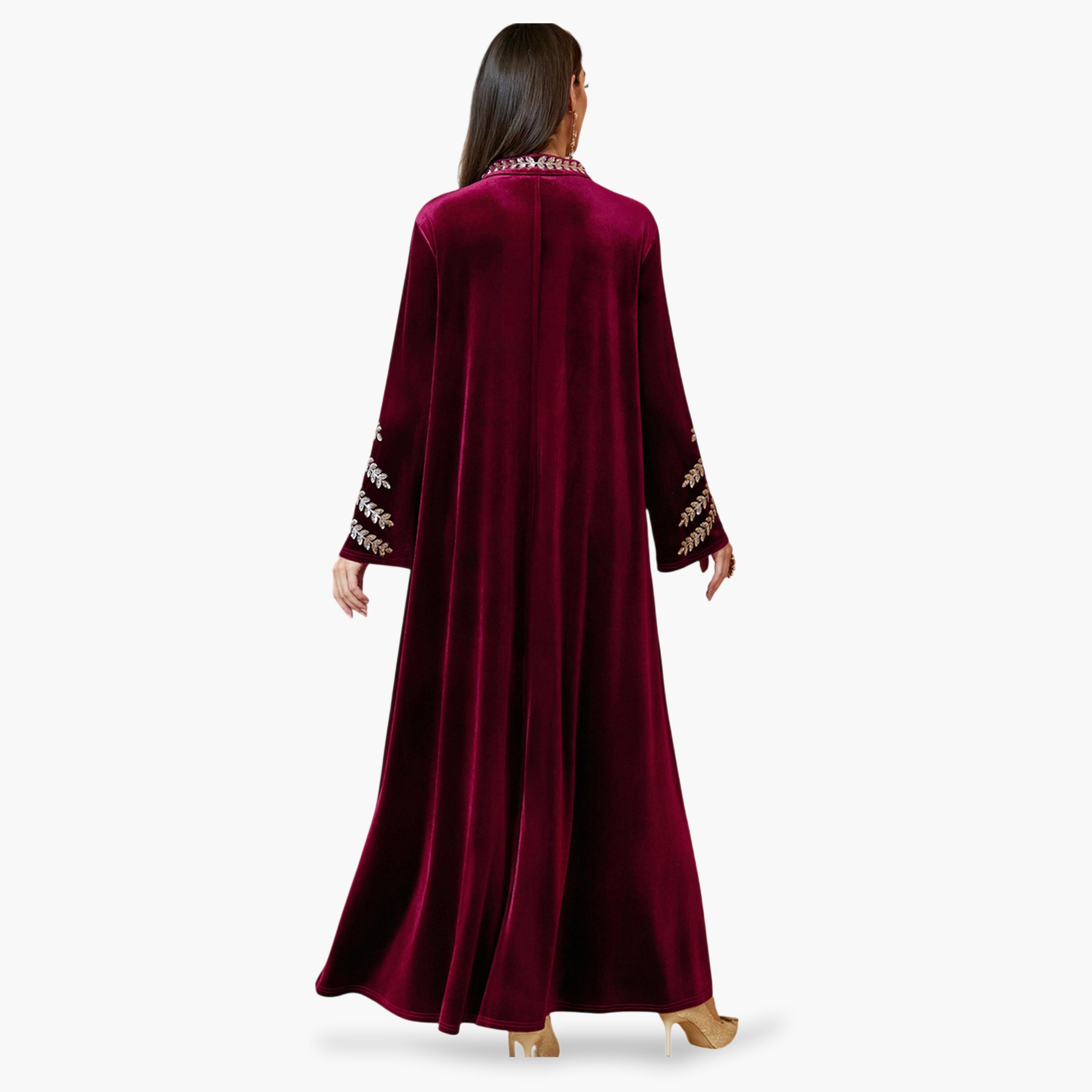 جلابية طويلة مخمل بتطريز فضي باللون الأحمر-women-arabicclothing-jalabiyas-image-6