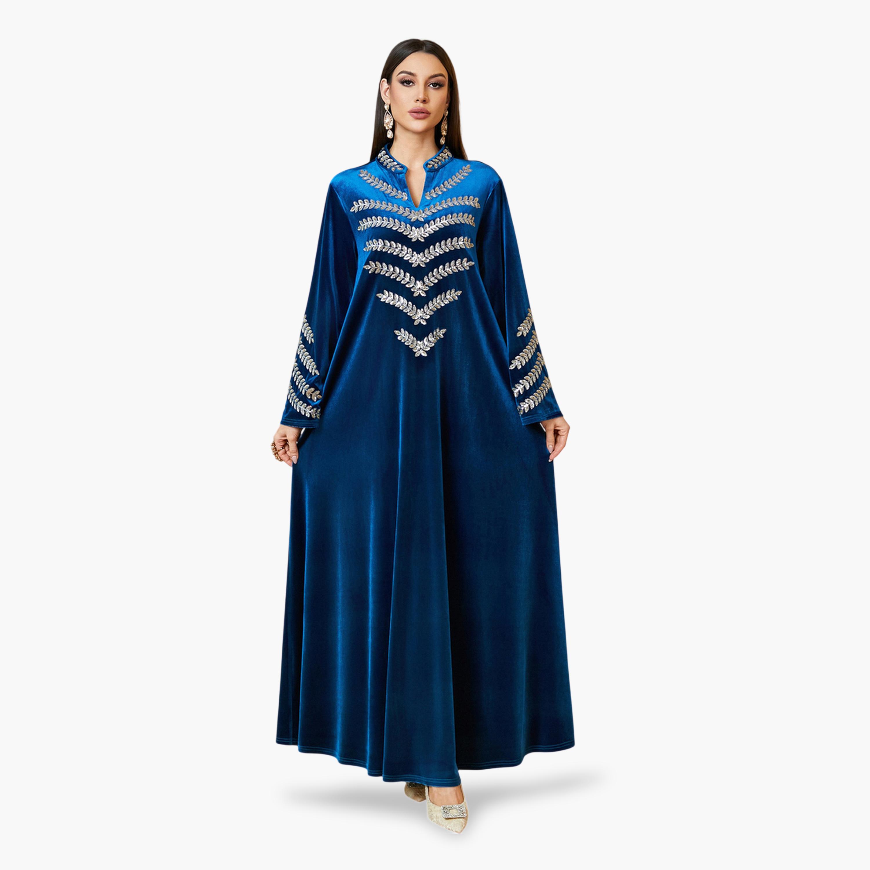 جلابية طويلة مخمل بتطريز فضي باللون الأزرق الداكن-women-arabicclothing-jalabiyas-image-1