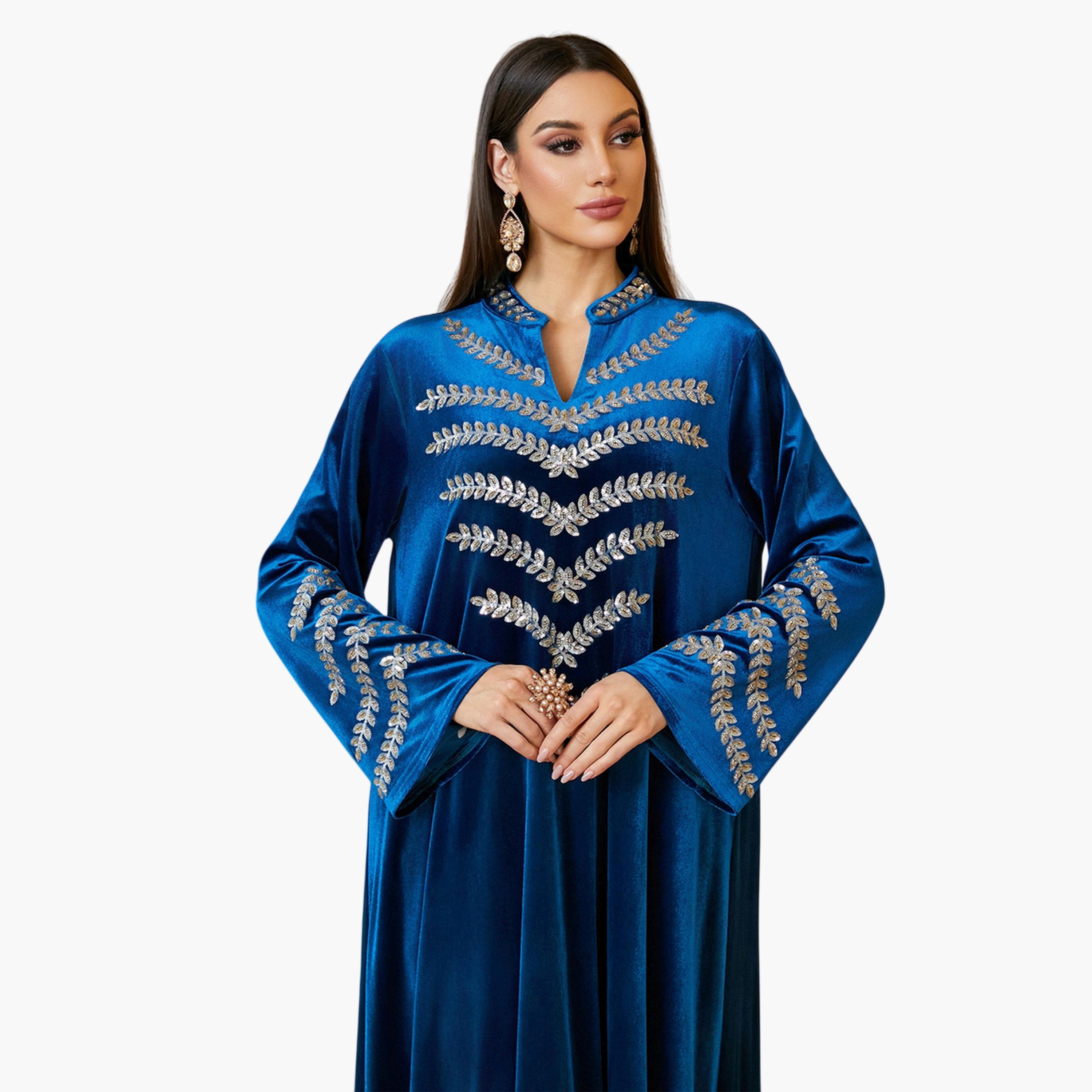 جلابية طويلة مخمل بتطريز فضي باللون الأزرق الداكن-women-arabicclothing-jalabiyas-image-2
