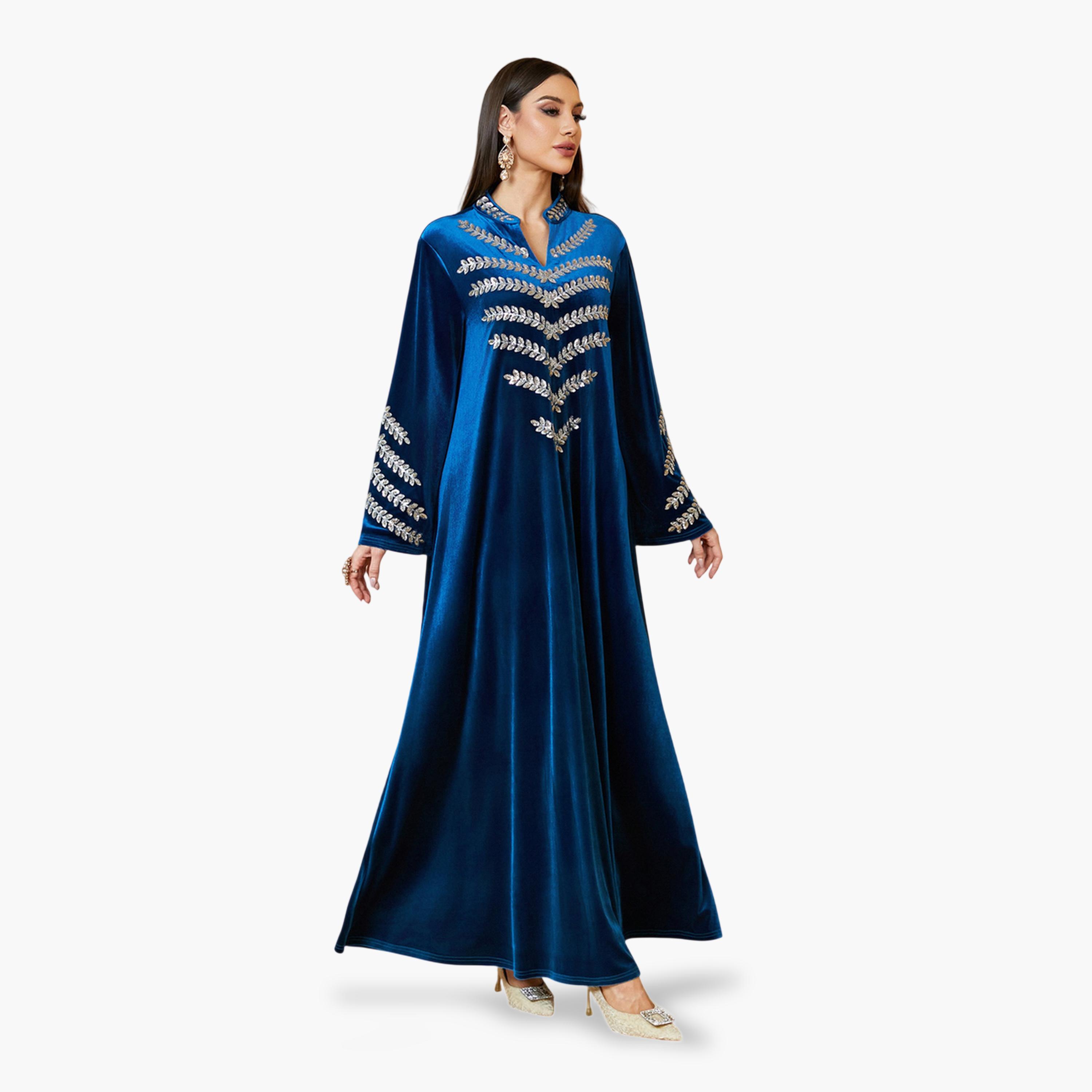 جلابية طويلة مخمل بتطريز فضي باللون الأزرق الداكن-women-arabicclothing-jalabiyas-image-3