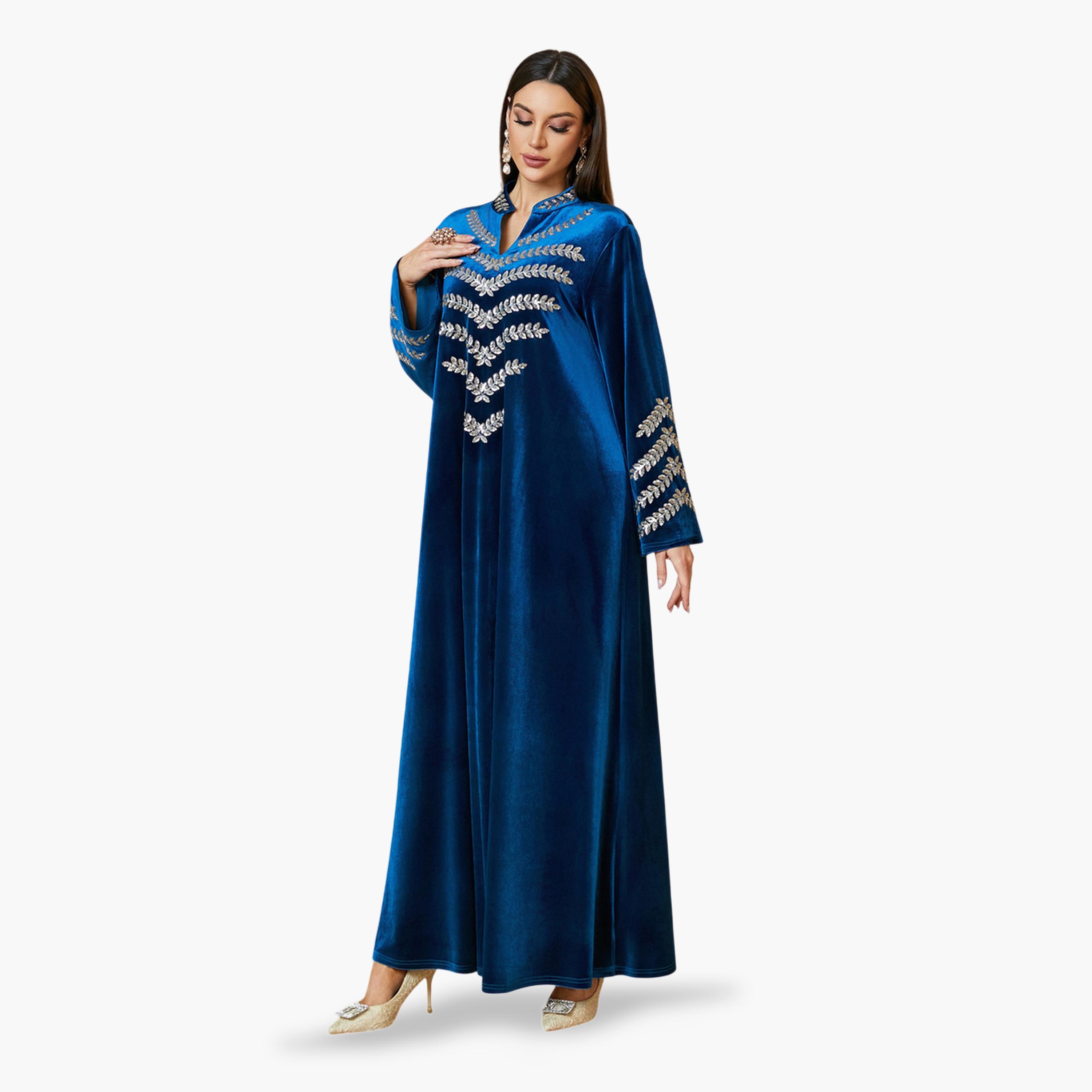 جلابية طويلة مخمل بتطريز فضي باللون الأزرق الداكن-women-arabicclothing-jalabiyas-image-4