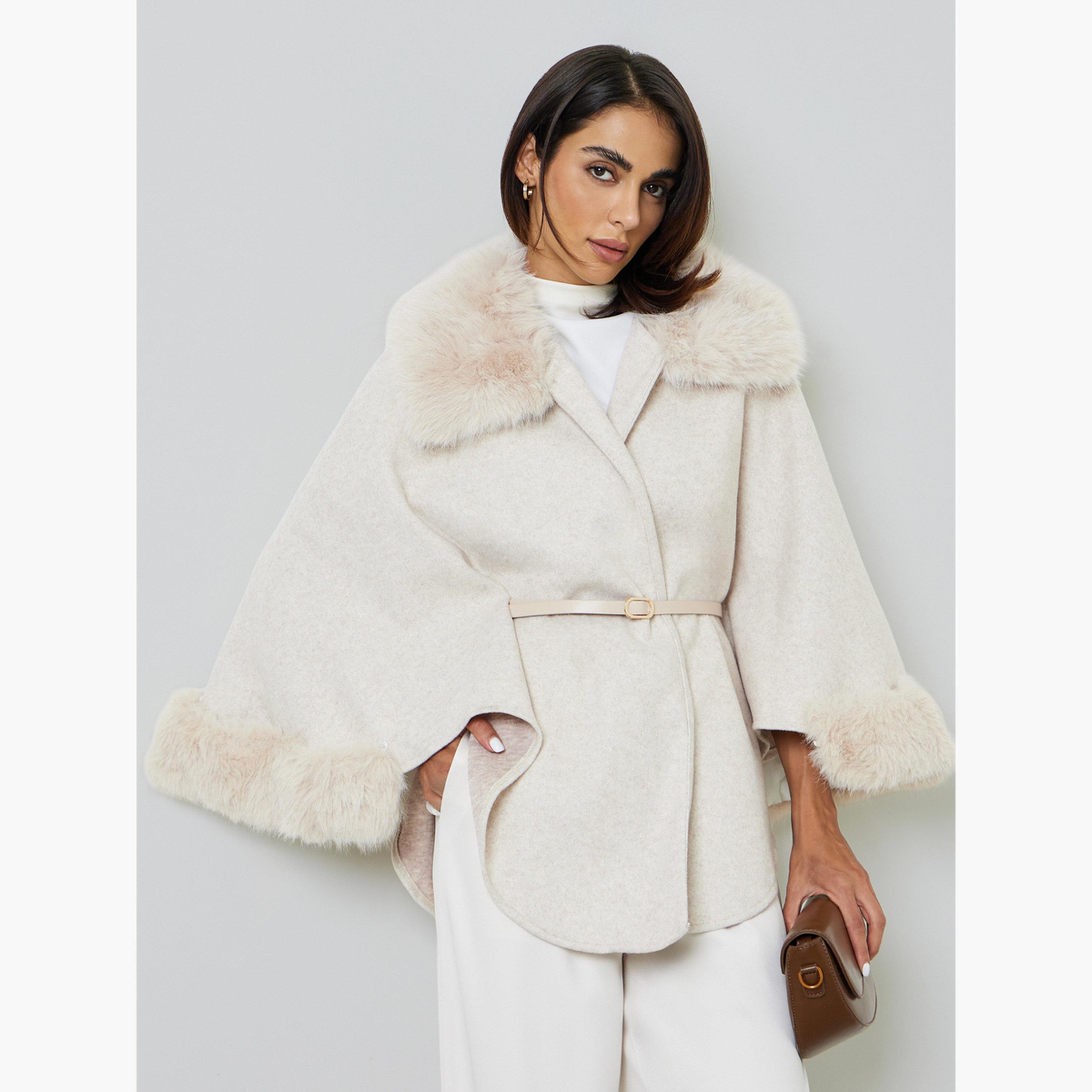 Take Two Beige Belted Wool Blend Cape Coat with Faux Fur Trim-women-winterwear-coatsandjackets-coats-image-1