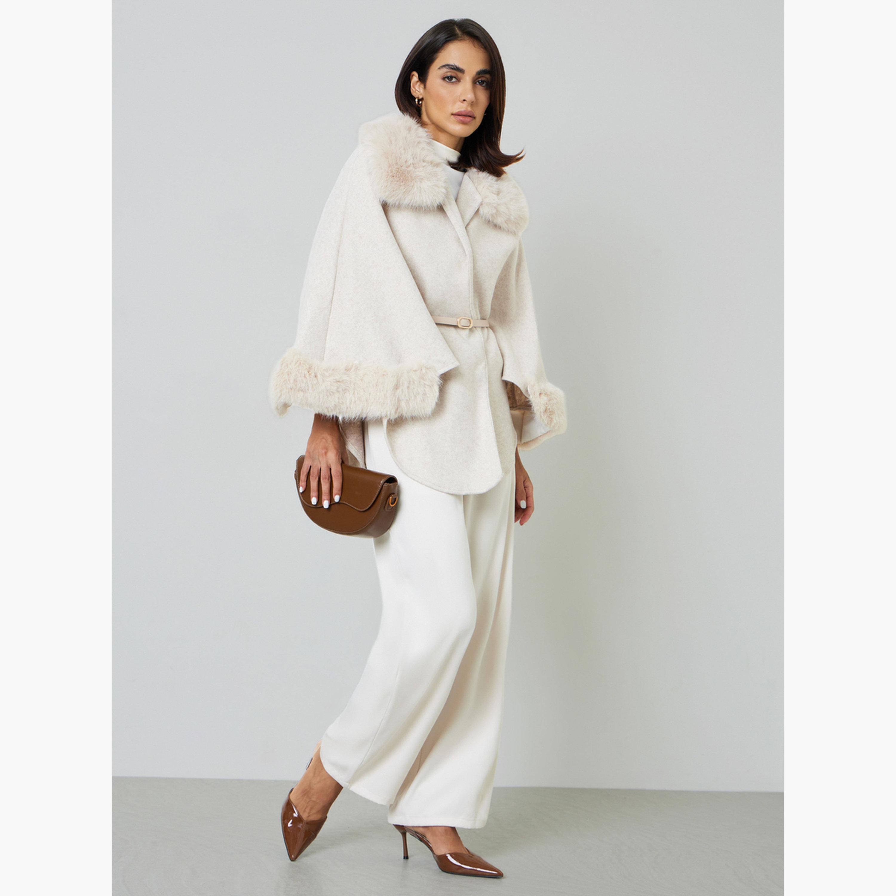 Take Two Beige Belted Wool Blend Cape Coat with Faux Fur Trim-women-winterwear-coatsandjackets-coats-image-2