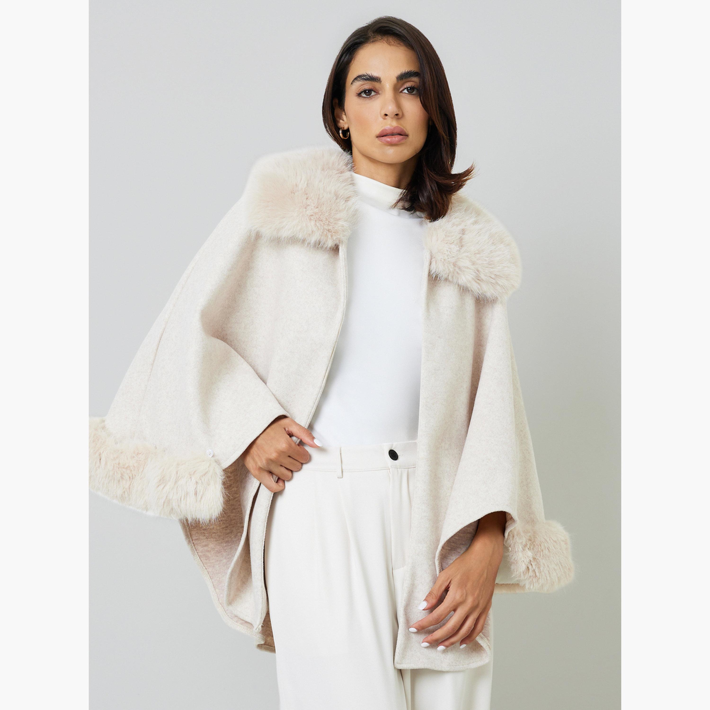 Take Two Beige Belted Wool Blend Cape Coat with Faux Fur Trim-women-winterwear-coatsandjackets-coats-image-3