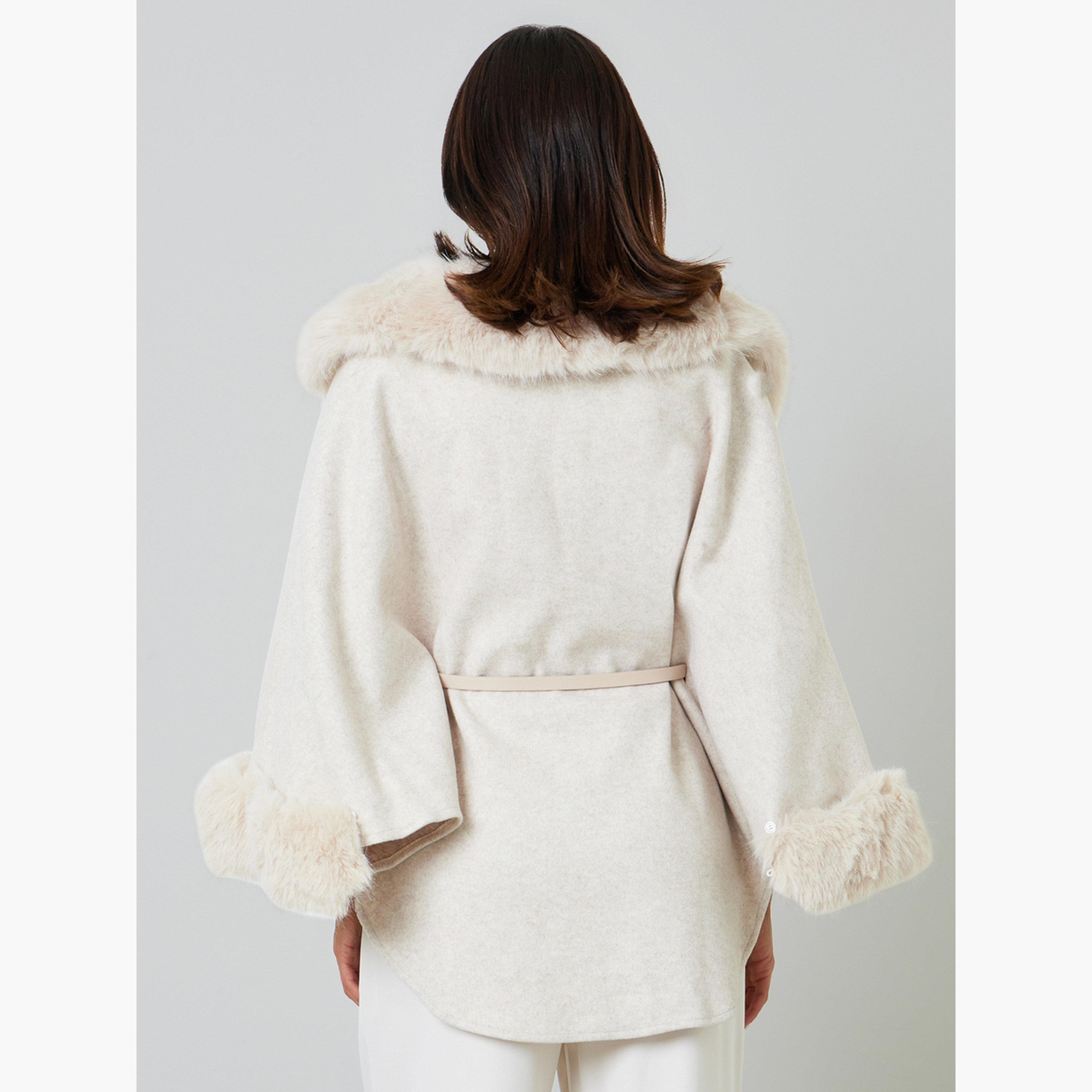 Take Two Beige Belted Wool Blend Cape Coat with Faux Fur Trim-women-winterwear-coatsandjackets-coats-image-4