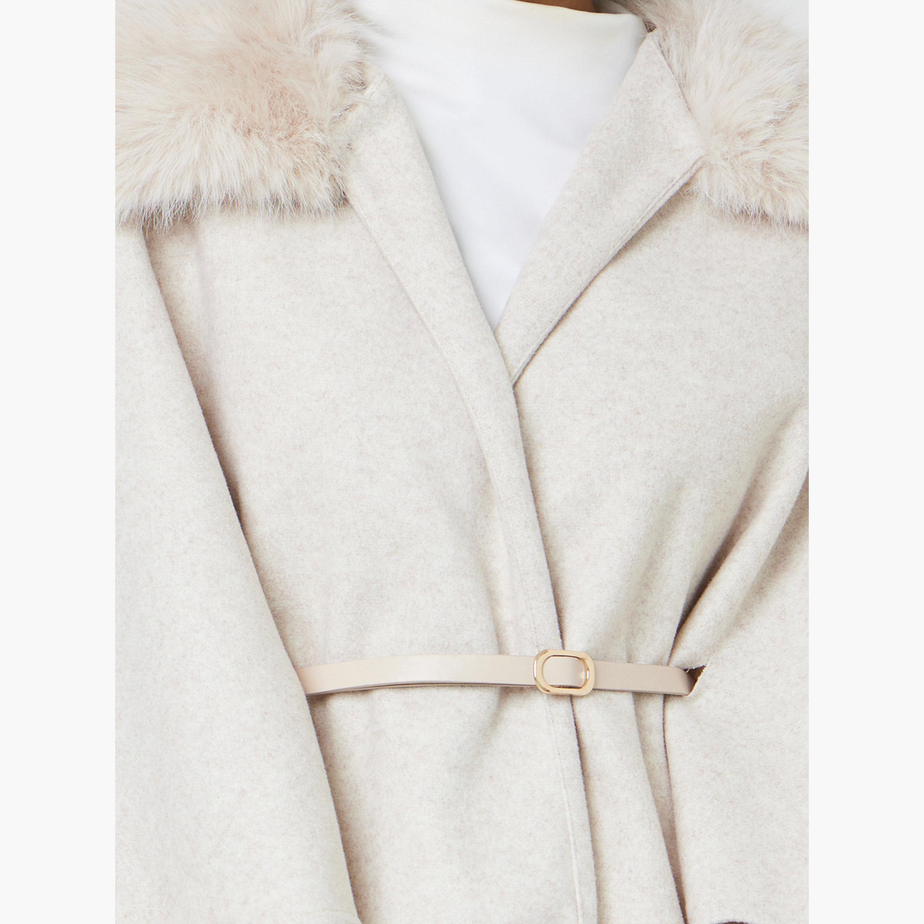Take Two Beige Belted Wool Blend Cape Coat with Faux Fur Trim-women-winterwear-coatsandjackets-coats-image-5