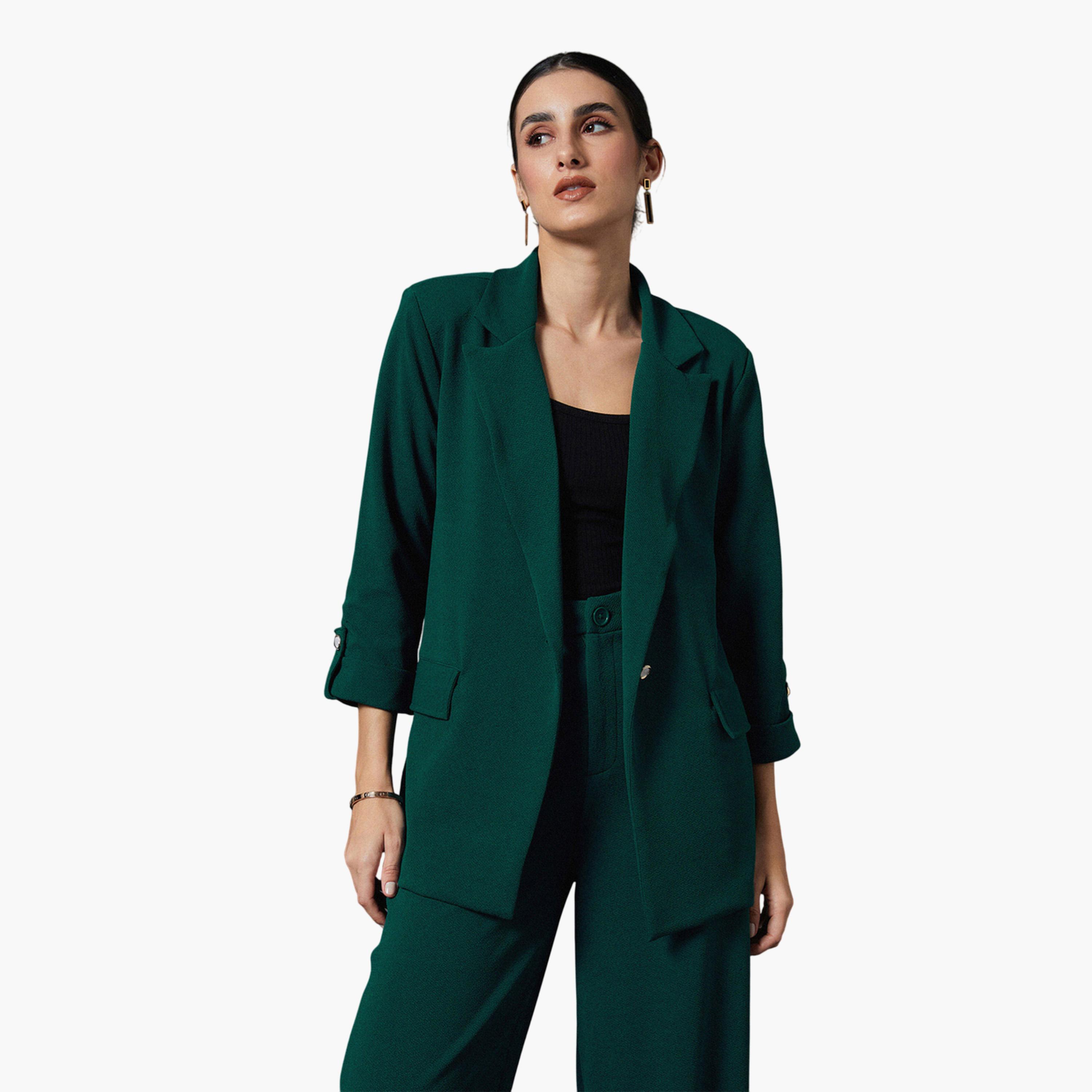 SASSAFRAS worklyf Forest Green Buttoned Blazer-women-clothing-coatsandjackets-blazers-image-1