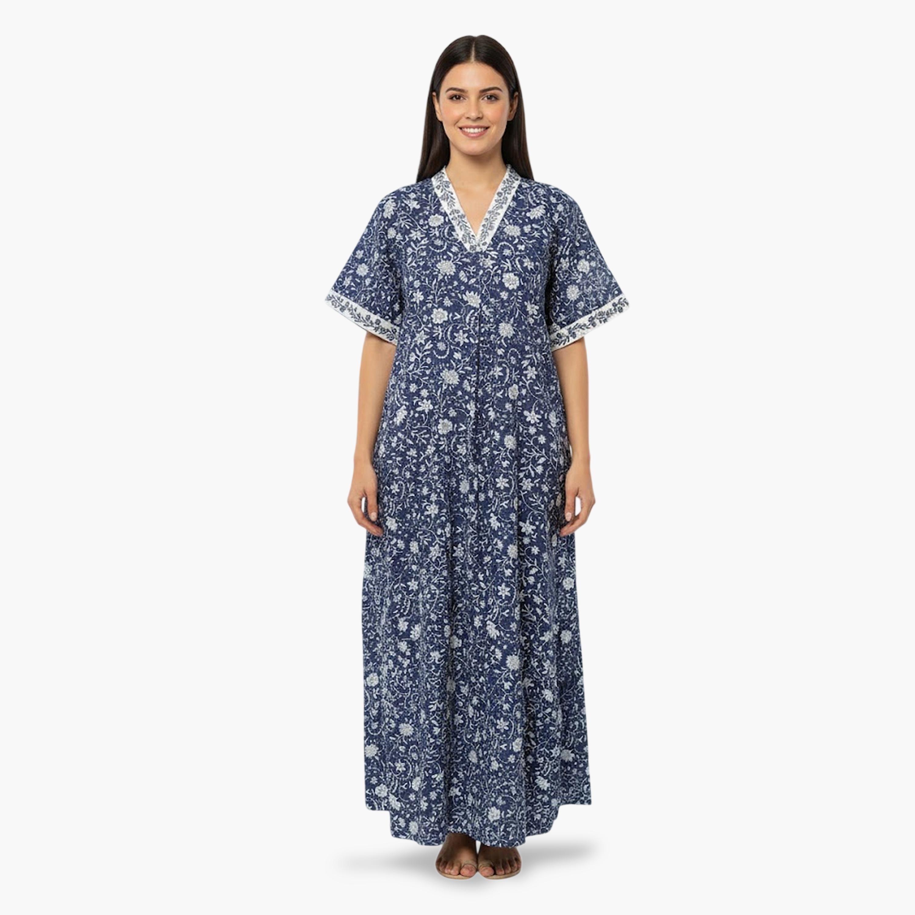 قميص نوم قطن بأكمام قصيرة وطبعة أزهار بلون أزرق داكن-women-clothing-nightwear-nighties-image-1
