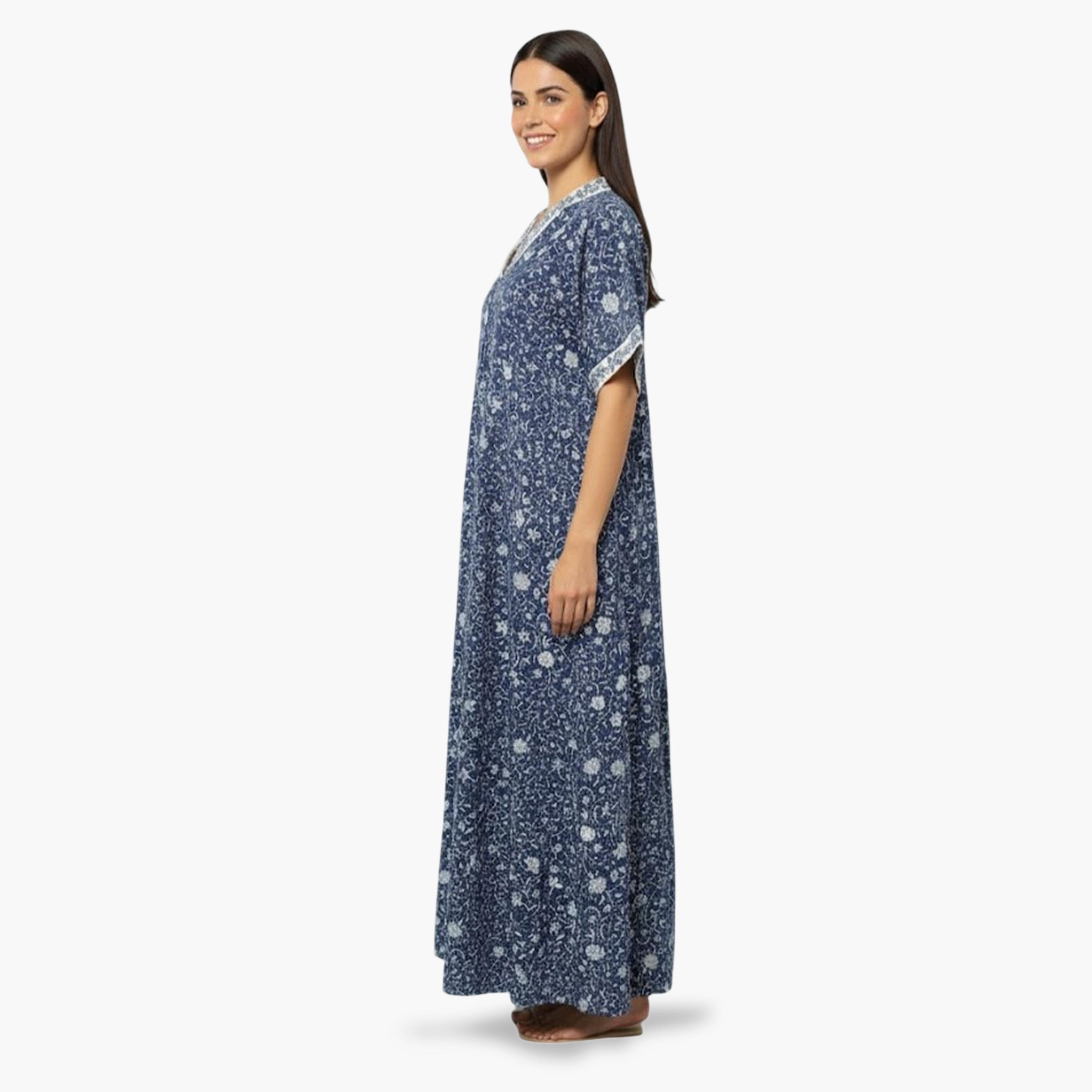 قميص نوم قطن بأكمام قصيرة وطبعة أزهار بلون أزرق داكن-women-clothing-nightwear-nighties-image-2