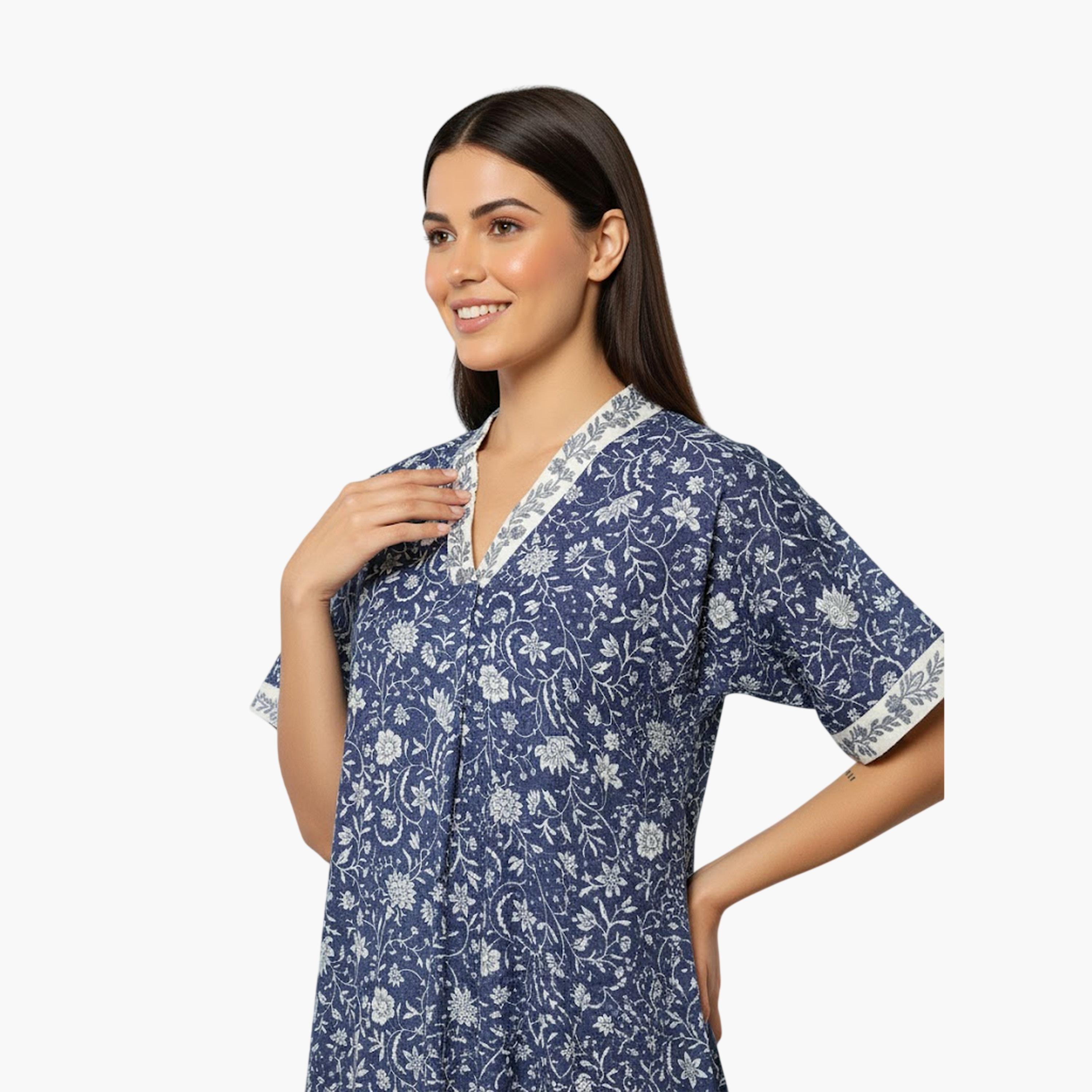 قميص نوم قطن بأكمام قصيرة وطبعة أزهار بلون أزرق داكن-women-clothing-nightwear-nighties-image-3