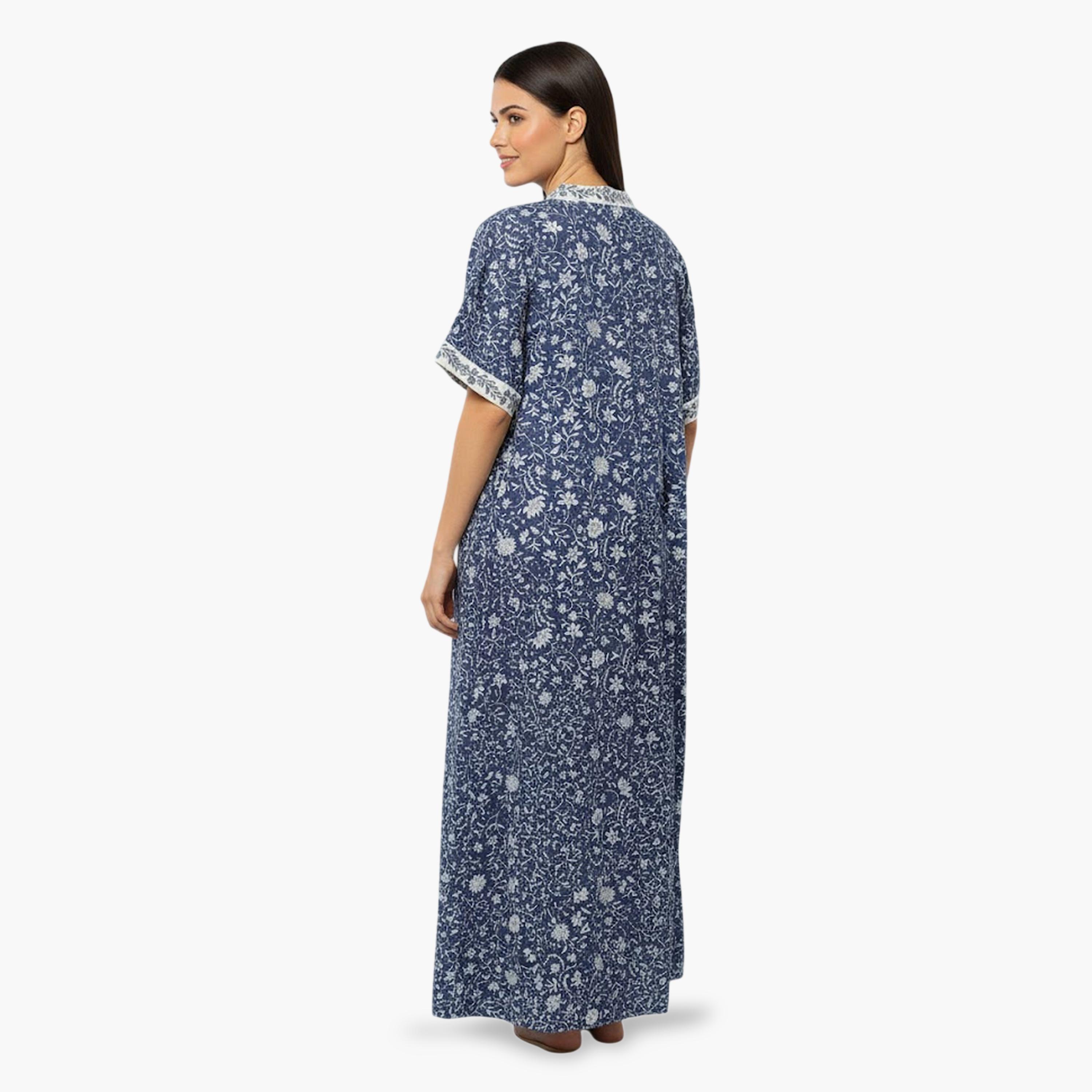 قميص نوم قطن بأكمام قصيرة وطبعة أزهار بلون أزرق داكن-women-clothing-nightwear-nighties-image-4