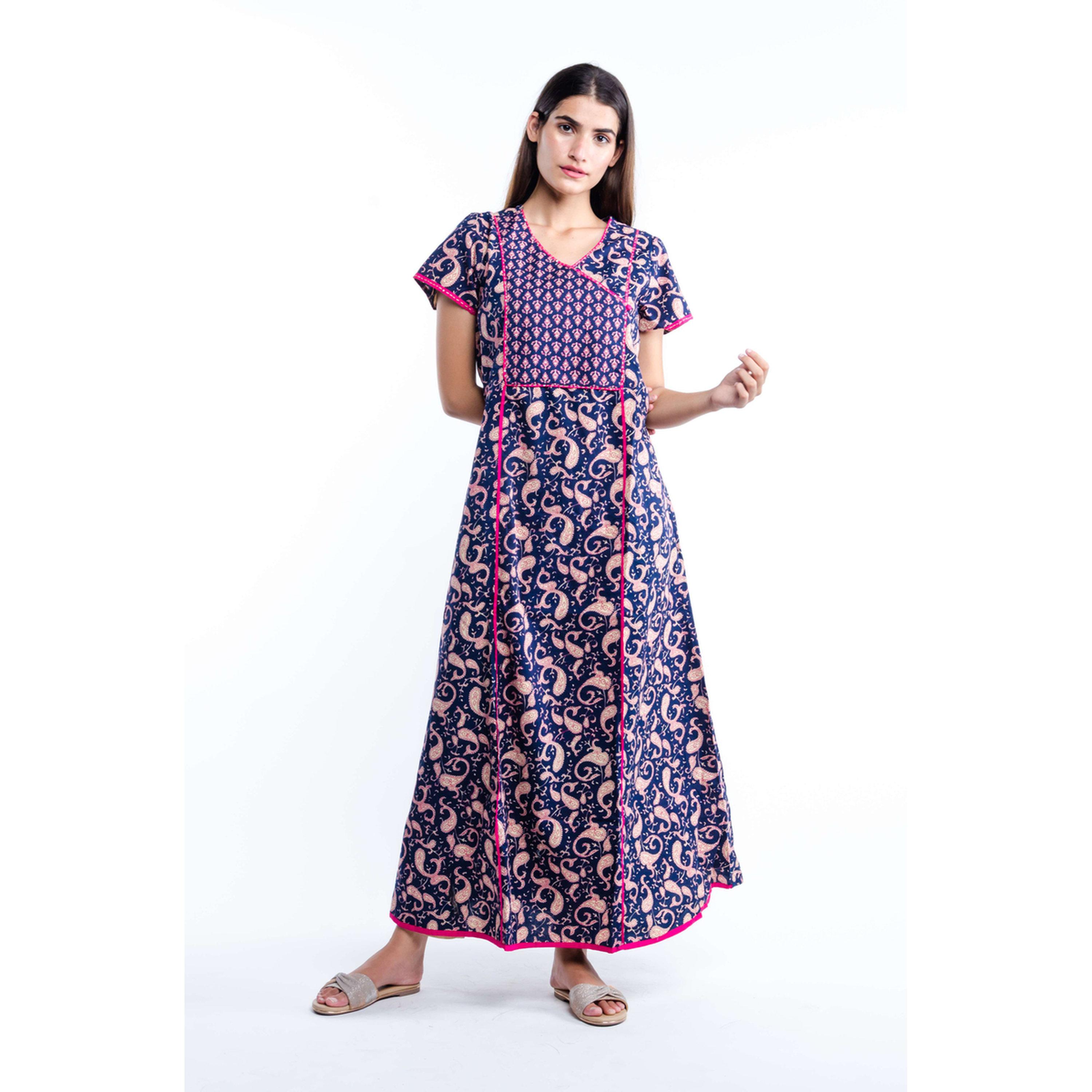 قميص نوم بأكمام قصيرة وطبعة بيزلي بلون أزرق-women-clothing-nightwear-nighties-image-1