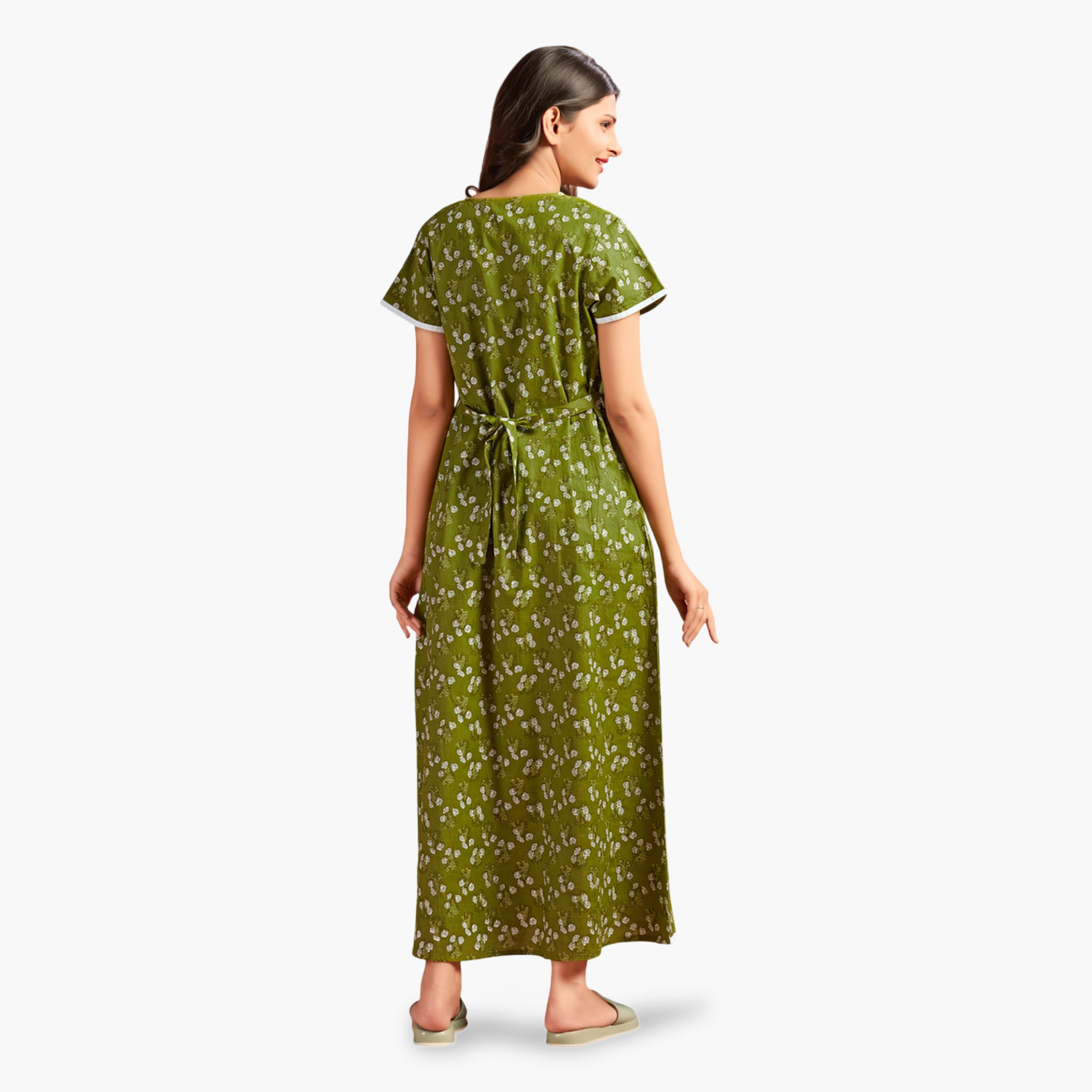 قميص نوم قطن بأكمام قصيرة وطبعة أزهار بلون أخضر-women-clothing-nightwear-nighties-image-3