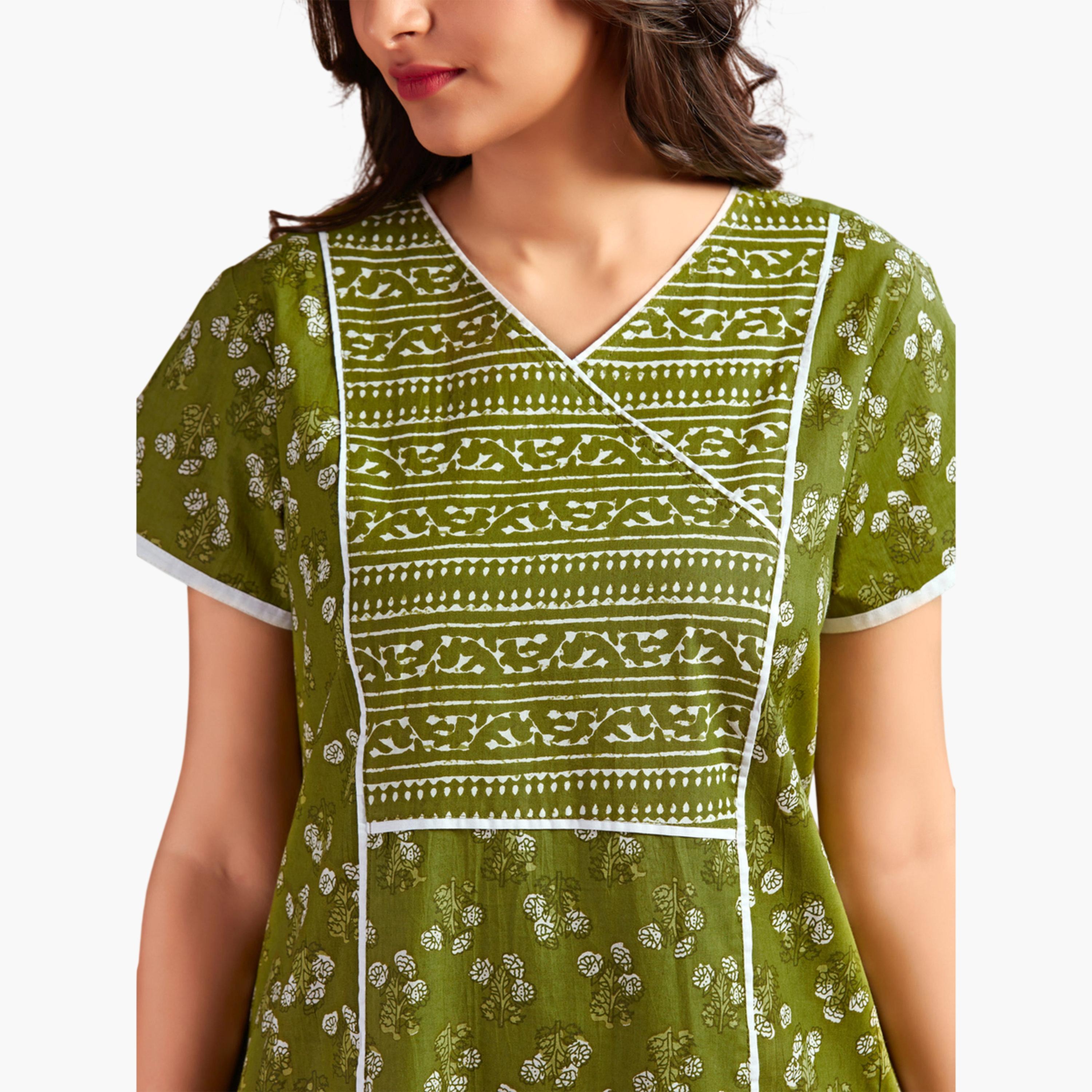 قميص نوم قطن بأكمام قصيرة وطبعة أزهار بلون أخضر-women-clothing-nightwear-nighties-image-5